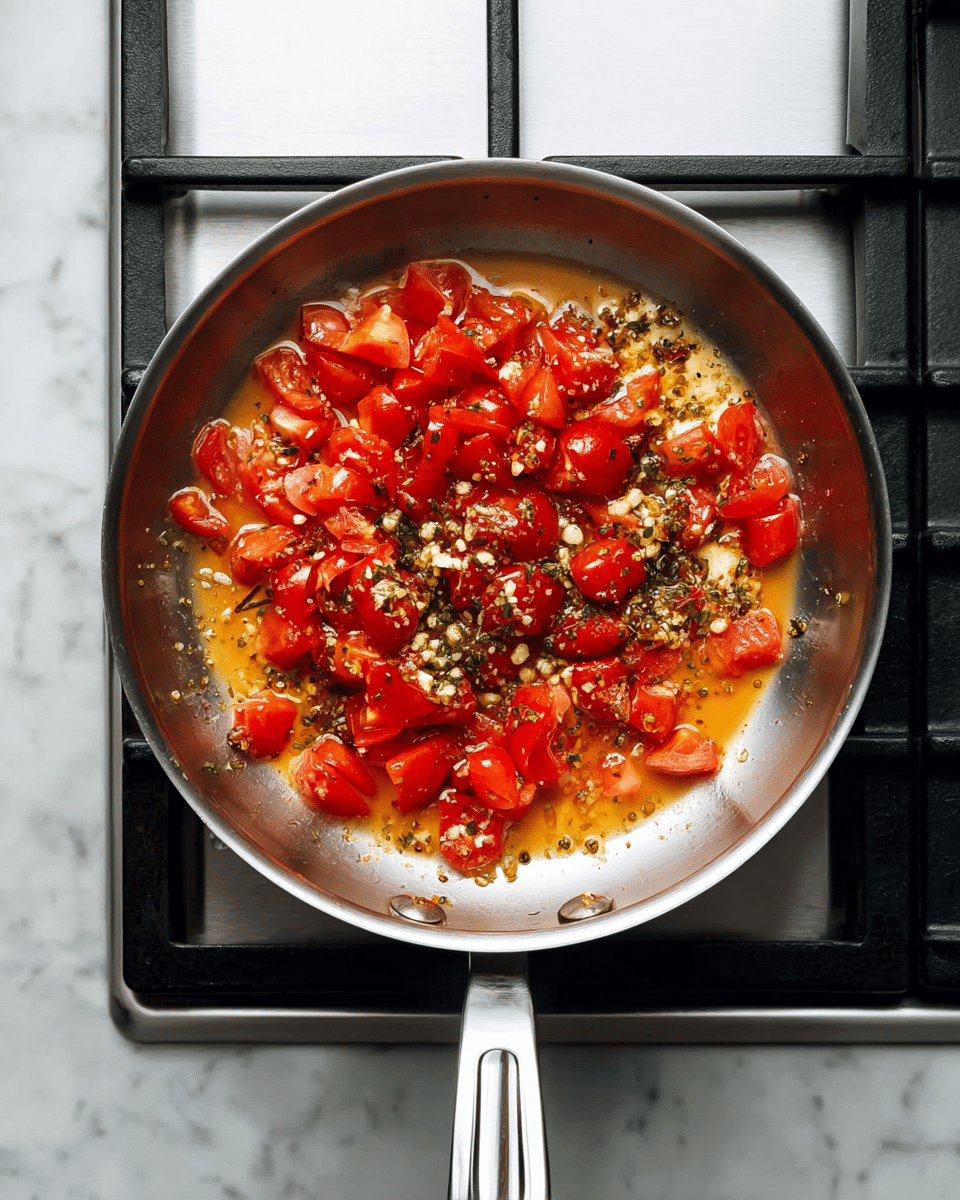 A stainless steel pan is shown from above on a gas stove with black grates and a white marbled surface around it. Inside the pan, there is a circle of chopped red tomatoes with some pieces larger and some smaller, mixed with small bits of garlic and green herbs scattered on top. The tomatoes and garlic sit in a pool of light orange oil or sauce that has some browned bits, giving a slightly crispy texture in some places. The handle is angled toward the bottom center of the image. photo taken with an iphone --ar 4:5 --v 7