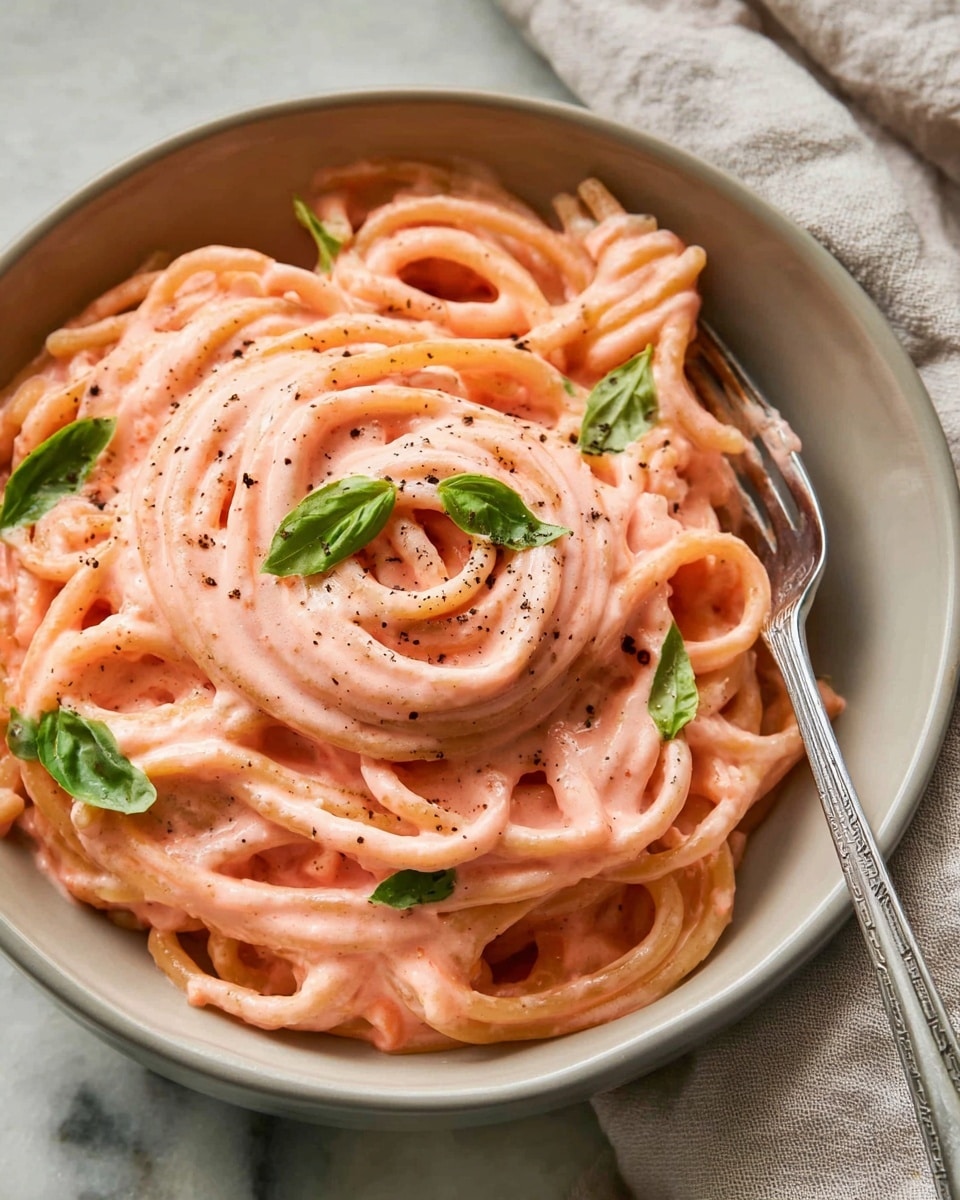 A close-up view of a bowl of spaghetti with a thick creamy pink sauce covering the noodles, twisted in a spiral with some sauce pooling in the center, topped with small fresh green basil leaves and a light sprinkle of black pepper. A silver fork rests in the bowl's right side, and the bowl is placed on a white marbled surface with a soft cloth nearby. photo taken with an iphone --ar 4:5 --v 7