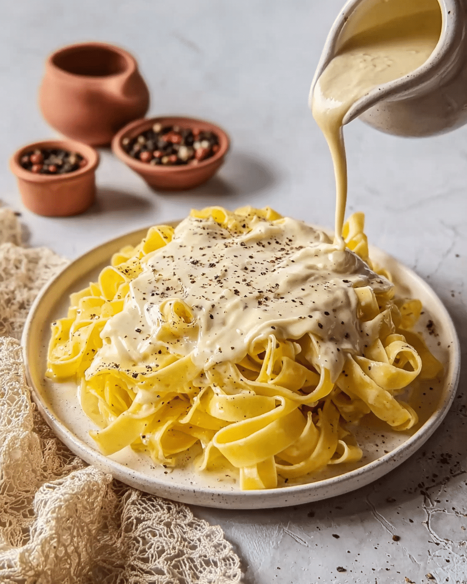 A white plate holds a heap of yellow tagliatelle pasta with flat, ribbon-like noodles arranged loosely in layers. A thick, creamy, light beige sauce is poured over the center of the pasta, slowly spreading and covering it, with black pepper dots sprinkled on top. The plate sits on a white marbled surface with two small terracotta pots filled with peppercorns in the background, and a piece of beige lace fabric to the side. The scene is softly lit, showing a close-up view. Photo taken with an iphone --ar 4:5 --v 7
