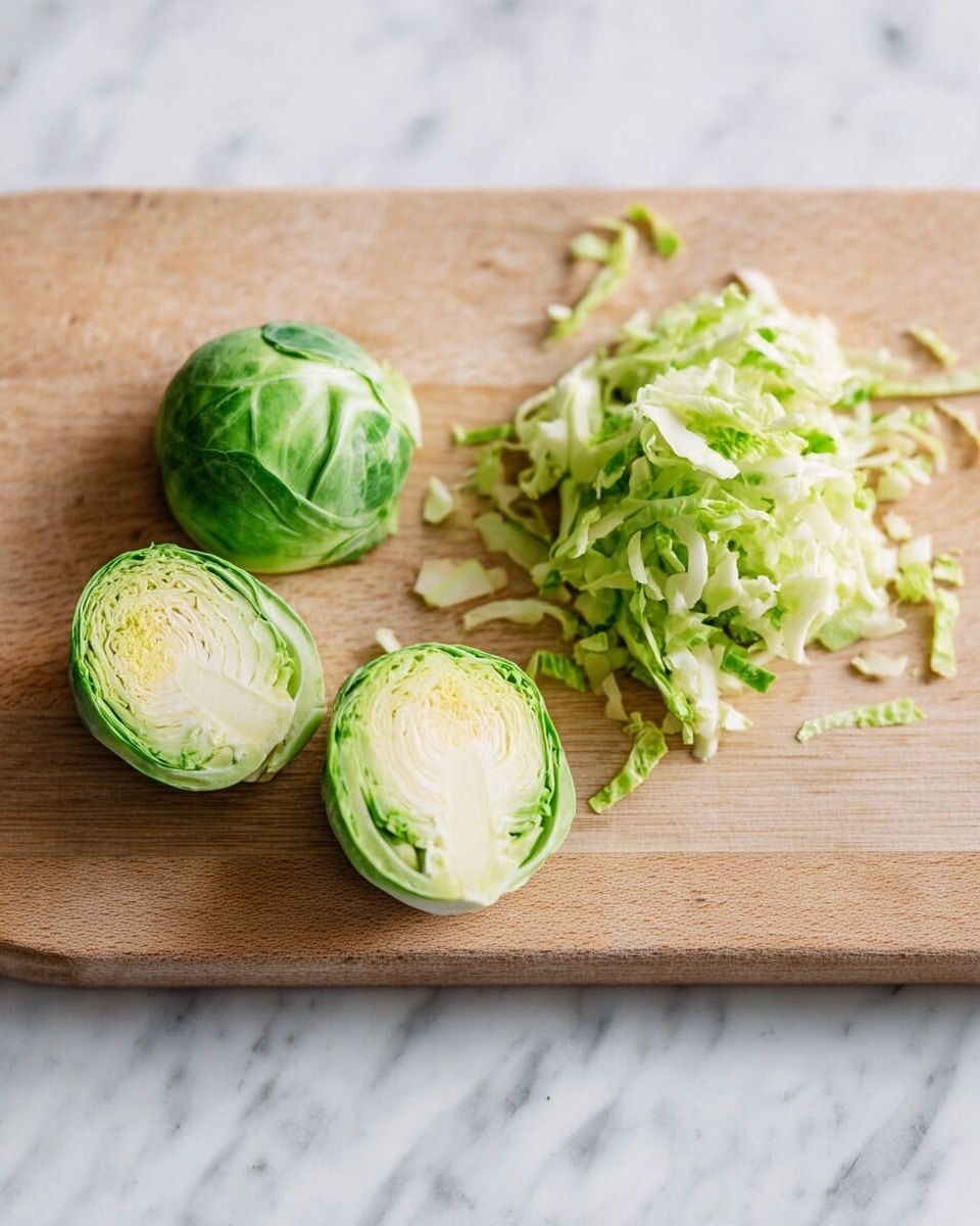 The image shows a wooden cutting board placed on a white marbled surface. On the cutting board, there are three bright green Brussels sprouts that are halved, revealing their tightly packed, pale green inner layers. Next to these halved sprouts, there is a small pile of finely sliced Brussels sprout leaves, showing light green and white textures. The wooden cutting board has a smooth surface with visible grain patterns, and the scattered vegetable pieces add a casual, fresh kitchen feel. Photo taken with an iphone --ar 4:5 --v 7