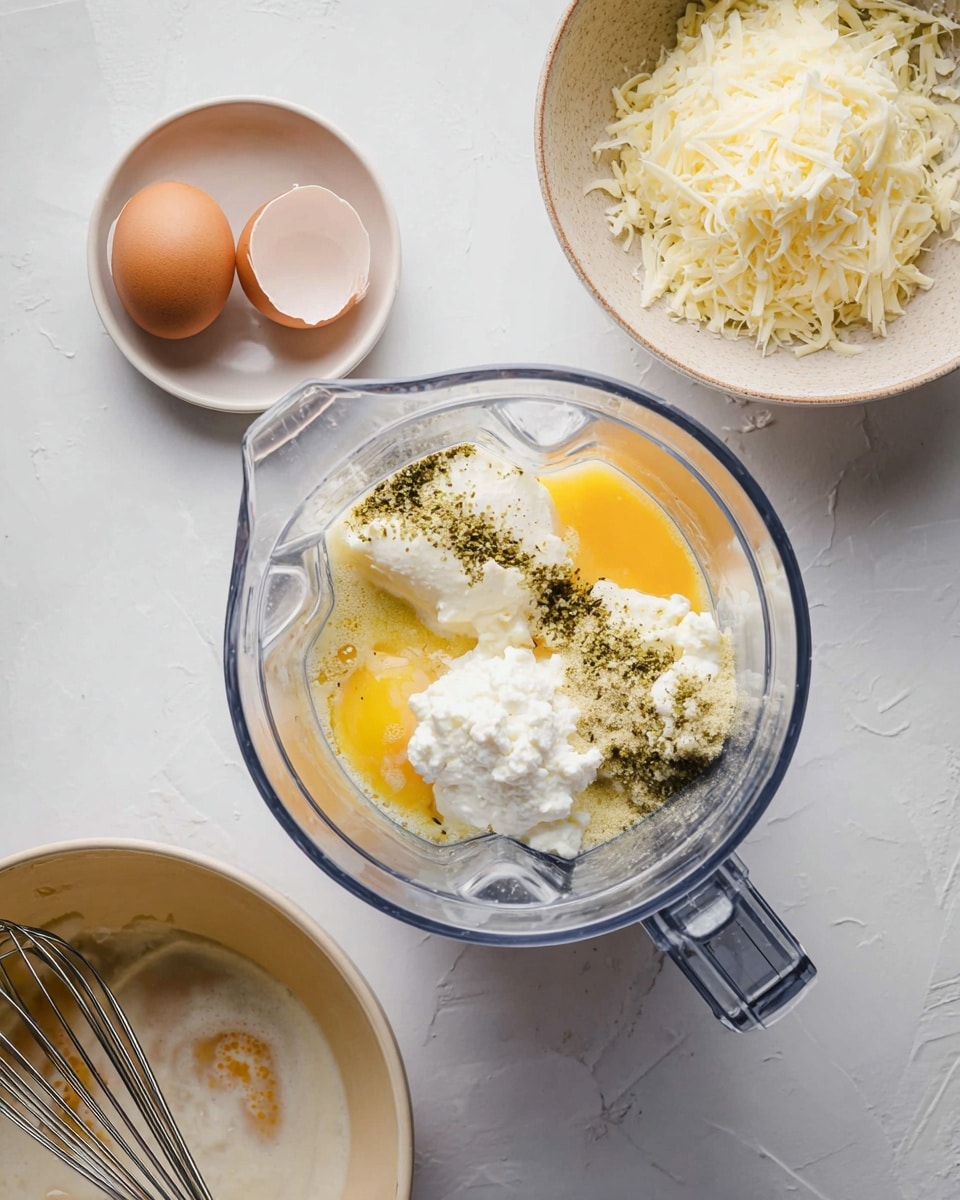 A clear blender container is shown with three whole yellow egg yolks and whites at the bottom, topped with a dollop of white cottage cheese and a sprinkle of green herbs and light beige breadcrumbs on the right side. To the top left of the blender, there is a small white bowl holding two empty brown eggshell halves. Further left, part of a beige bowl filled with shredded white cheese is visible. At the bottom left, there is a beige bowl with some white creamy residue and a whisk resting inside. All these items are set on a white marbled surface photo taken with an iphone --ar 4:5 --v 7
