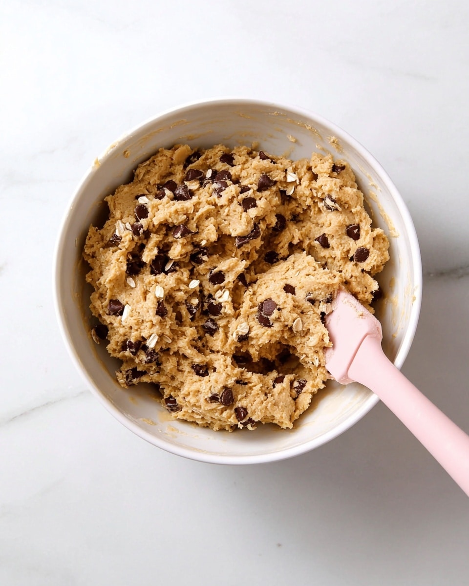 A white bowl filled with thick, chunky cookie dough mixed with visible dark chocolate chips and oats, showing a rough texture with uneven clumps. A light pink spatula is partially dipped into the dough on the right side, resting inside the bowl. The bowl sits on a white marbled surface that looks smooth and clean. photo taken with an iphone --ar 4:5 --v 7