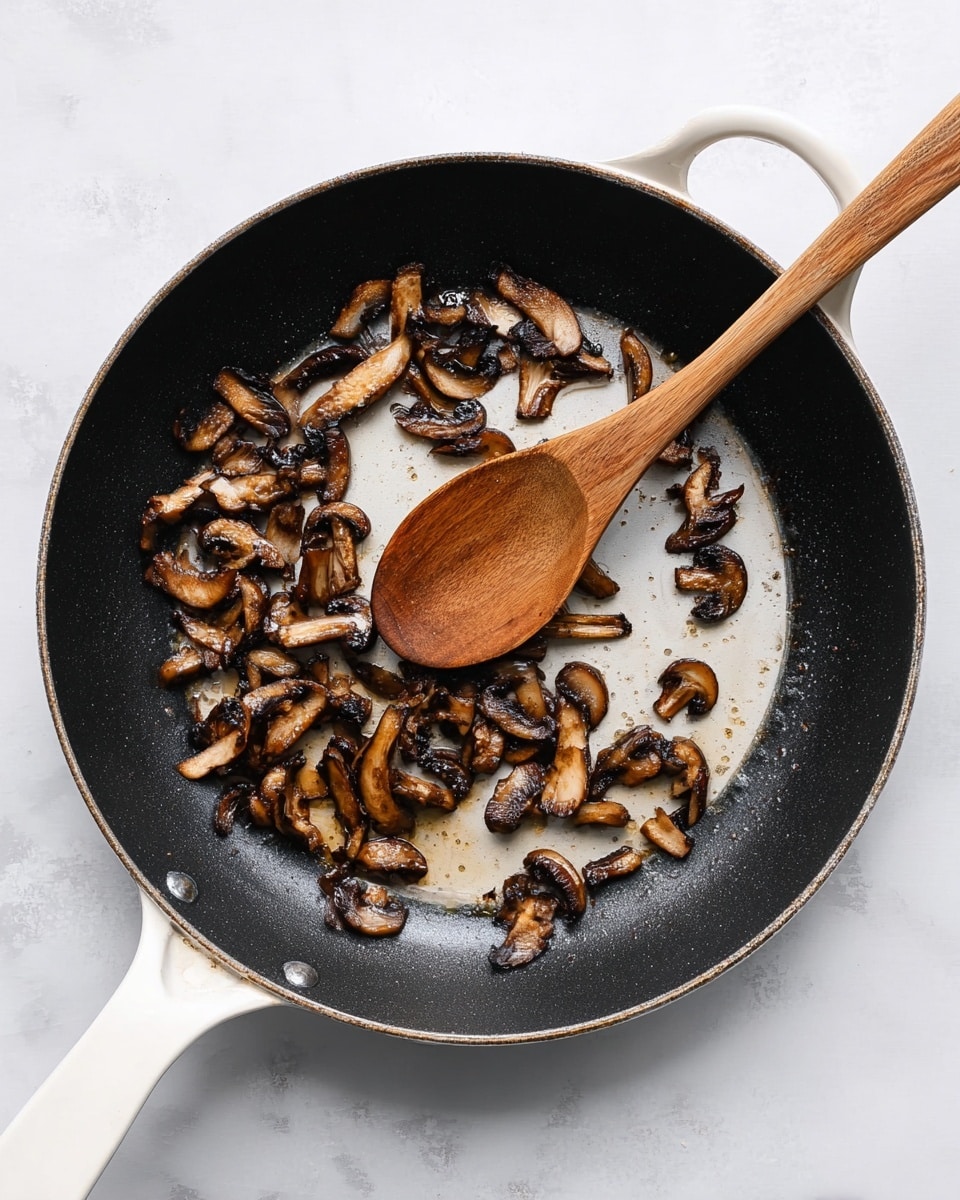 A white-handled black frying pan is shown from above, placed on a white marbled surface. Inside the pan are small pieces of browned mushrooms, glistening with oil, scattered mostly around the edges. A wooden spoon with a round head and a notch in the middle rests inside the pan over the mushrooms. The mushrooms have a mix of dark brown and lighter tan shades with a slightly wrinkled texture. photo taken with an iphone --ar 4:5 --v 7
