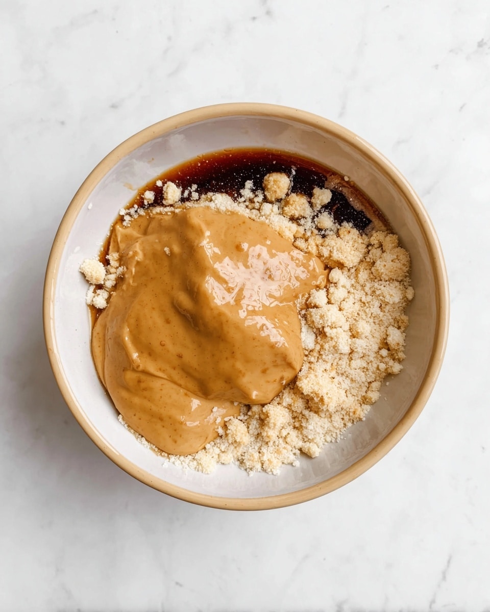 In a white bowl with a light beige edge, there is a dish made of three main layers; the bottom layer is a dark, syrupy liquid covered partially with crumbly, light beige powder scattered unevenly around the bowl’s edges, and on top of this is a glossy, thick layer of smooth, light brown paste placed mostly to one side, creating a contrast between the soft paste and the crumbly powder. The bowl sits on a white marbled surface, and the photo is taken from above. photo taken with an iphone --ar 4:5 --v 7