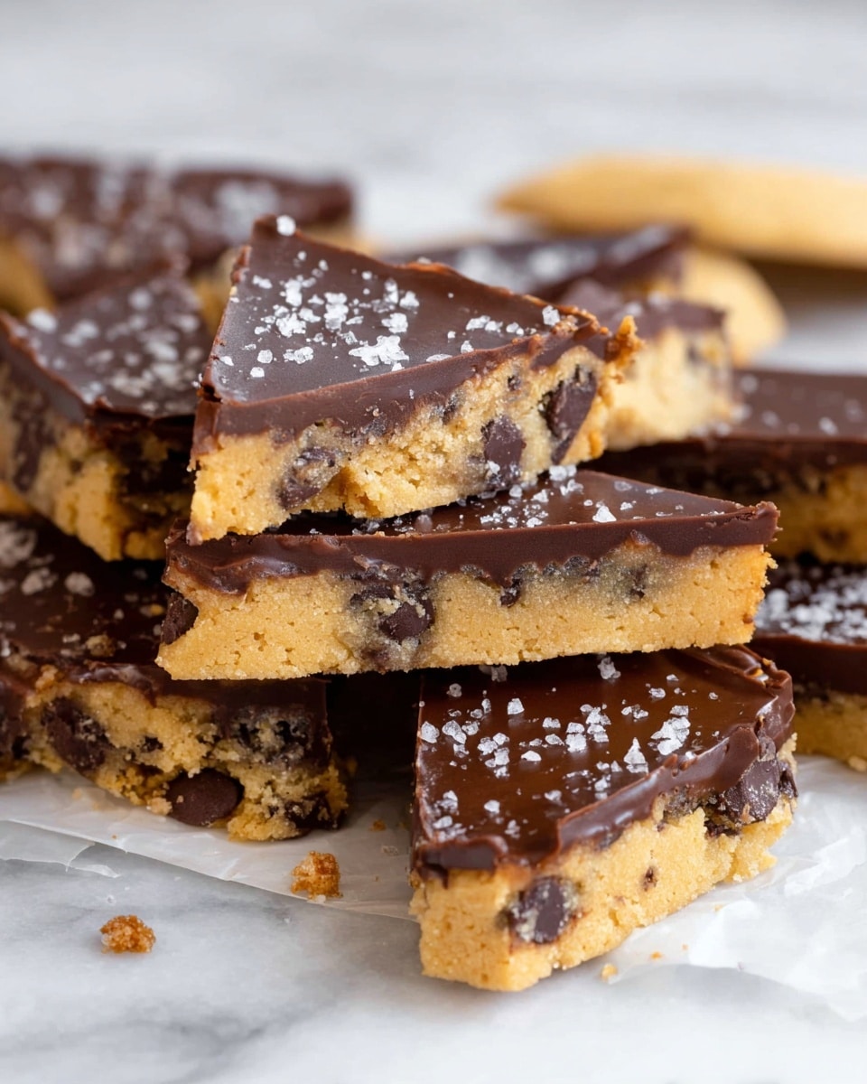 The image shows a pile of triangular cookie pieces with two clear layers: a light golden cookie base with a rough texture containing small dark chocolate chips, and a smooth, thick dark chocolate layer on top. The chocolate layer glistens slightly and has a few scattered grains of coarse salt. The cookies are stacked casually on a white marbled surface, with some pieces overlapping others, and the background is softly blurred. photo taken with an iphone --ar 4:5 --v 7
