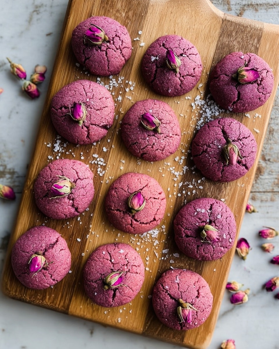A wooden board holds twelve round cookies arranged in a loose grid. Each cookie is pinkish-purple with a cracked surface texture and is topped at the center with a small dried rosebud. There is a light sprinkle of coarse salt visible on the cookies. The background surface has a white marbled texture with some scattered dried rose petals around the board. photo taken with an iphone --ar 4:5 --v 7