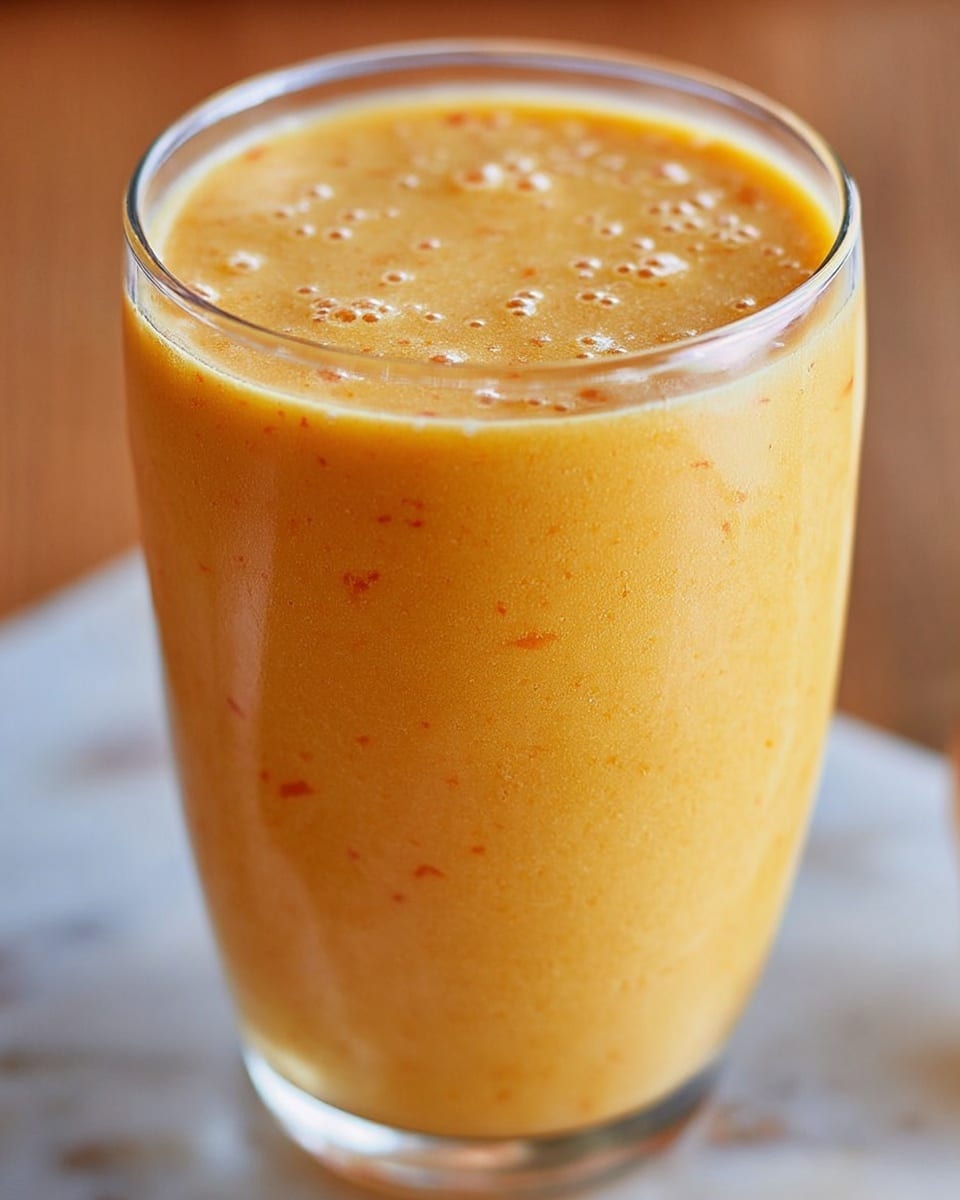 A close-up view of a tall clear glass filled with a thick, orange smoothie that has a frothy texture on top with many small bubbles. The smoothie has a smooth blend with tiny orange and darker specks visible throughout. The glass is placed on a white marbled surface, and the background shows soft out-of-focus warm orange tones. photo taken with an iphone --ar 4:5 --v 7