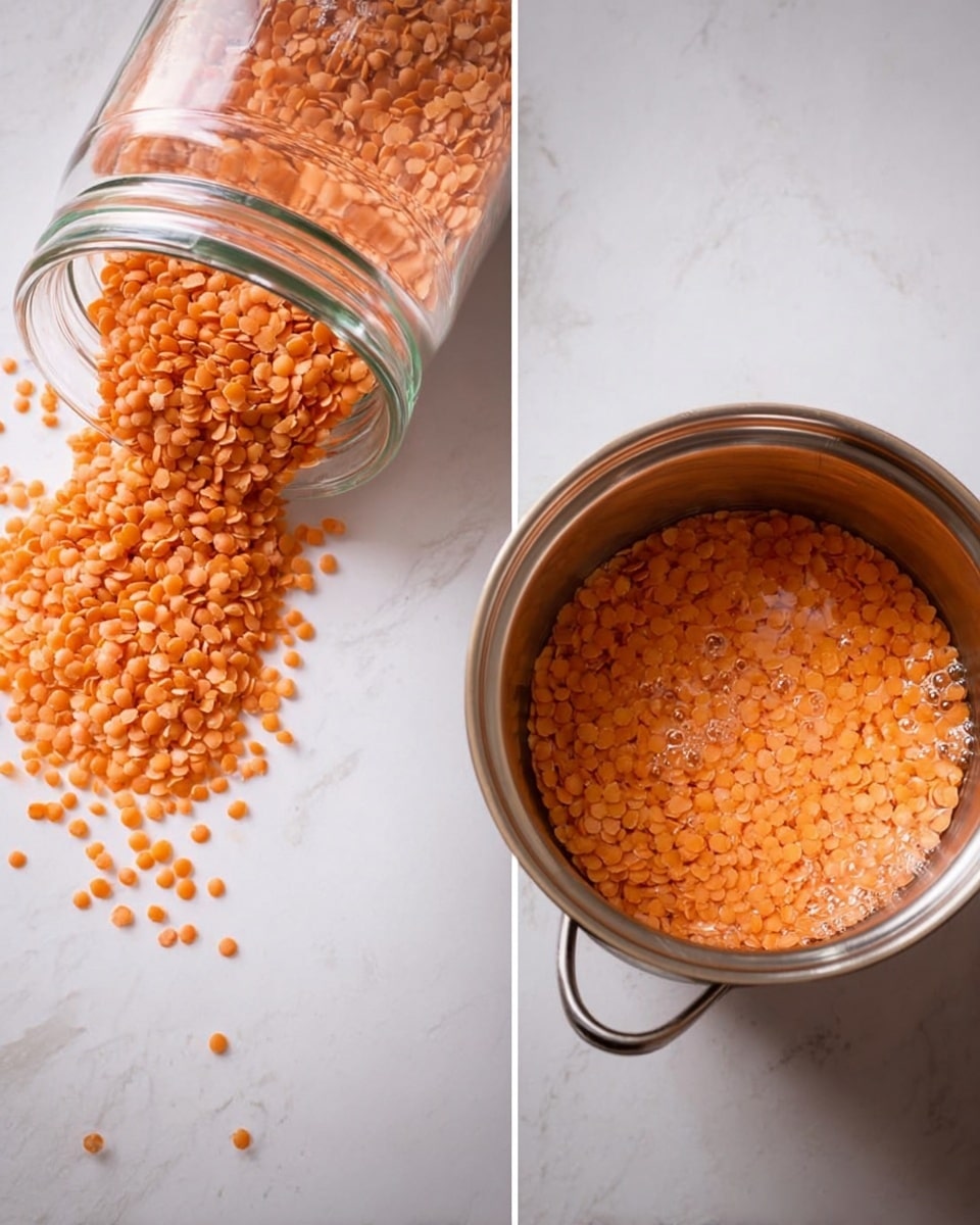 The first image shows a glass jar tipped on its side with many small, flat, orange lentils spilling out onto a white marbled surface, the lentils forming a loose pile spreading from the jar's opening. The second image features a close-up top view of a silver metal pot filled with water and the same orange lentils soaking, the lentils floating and spreading evenly inside the pot against the light reflections on its surface. photo taken with an iphone --ar 4:5 --v 7