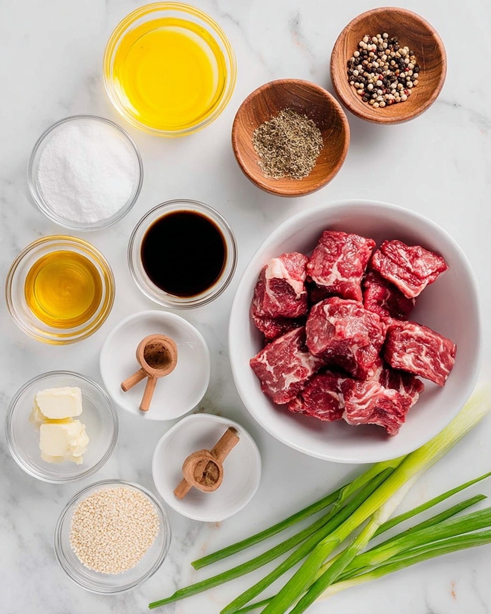 The image shows a collection of cooking ingredients arranged neatly on a white marbled surface. There is a white bowl filled with raw chunks of red beef with visible marbling on the right side. Above and to the right, there are two wooden bowls containing coarse salt and mixed peppercorns, each with a small wooden scoop inside. To the left, there are several small white bowls and clear glass cups holding different liquids and powders: bright yellow oil, dark soy sauce, light golden honey, a clear broth, white cornstarch, sesame seeds, and finely grated lemon zest. Green spring onions with fresh, vibrant green stalks are placed at the bottom right. Everything is organized clearly and brightly lit, showing fresh and colorful ingredients, photo taken with an iphone --ar 4:5 --v 7