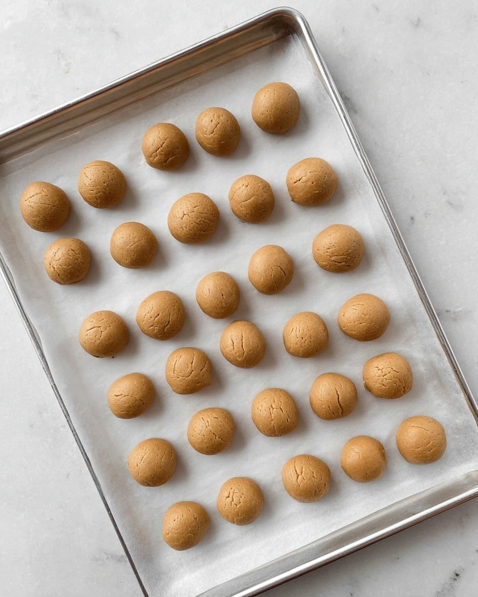 A silver baking tray lined with white parchment paper holds 20 evenly spaced, smooth, round dough balls. Each dough ball has a light brown color with small visible cracks and a matte finish. The dough balls are arranged in four rows and five columns on the tray, placed on a white marbled surface. The overall look is clean and organized, ready for baking. photo taken with an iphone --ar 4:5 --v 7