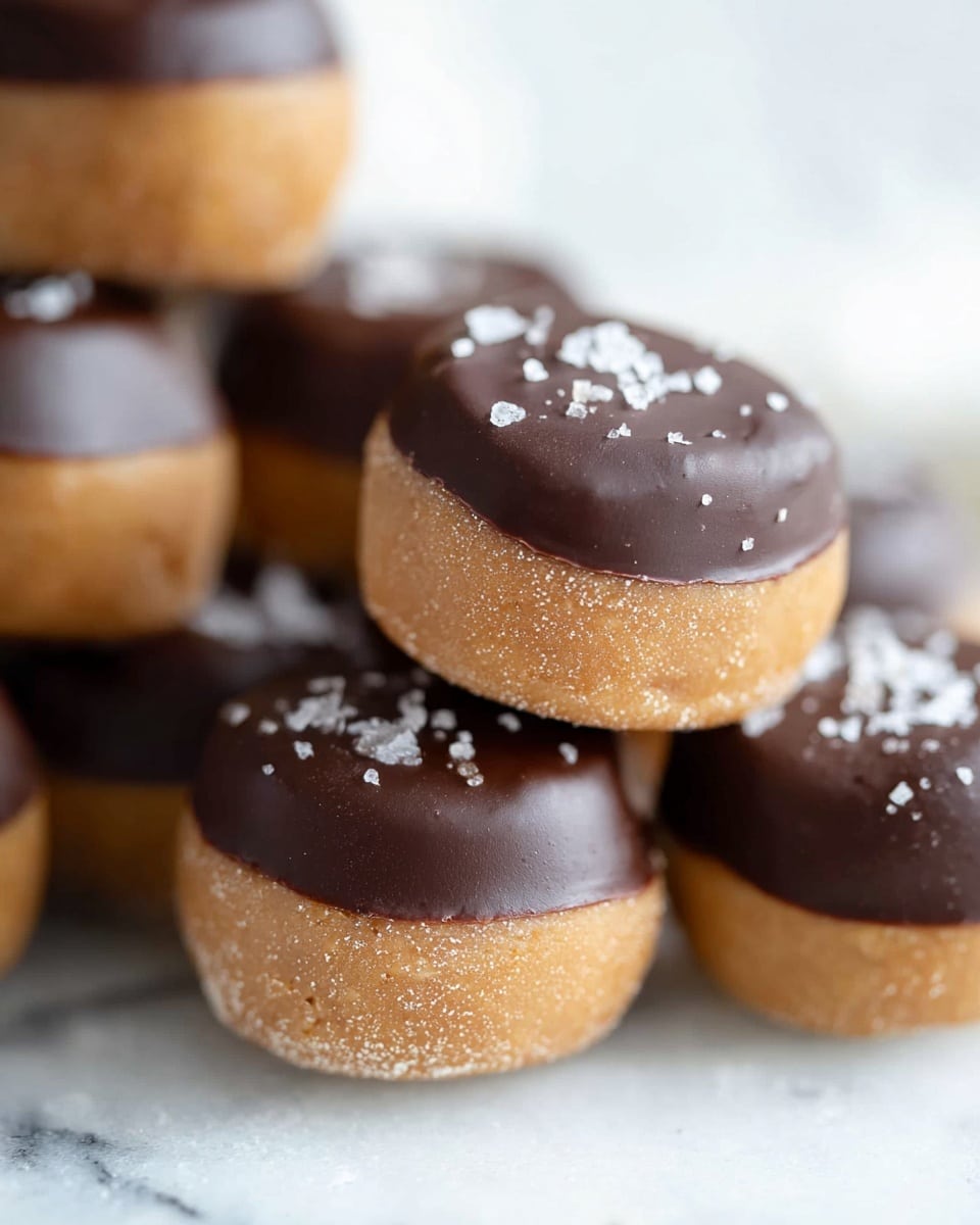The image shows several round treats stacked together on a white marbled surface. Each treat has two layers: the bottom half is covered in smooth, dark brown chocolate with a shiny texture, while the top half is a light brown, slightly rough peanut butter layer sprinkled with coarse white salt flakes. The treats look soft yet firm, with chocolate forming a clean line around the middle. The background is bright and blurred, highlighting the focus on these chocolate-dipped peanut butter balls. Photo taken with an iphone --ar 4:5 --v 7