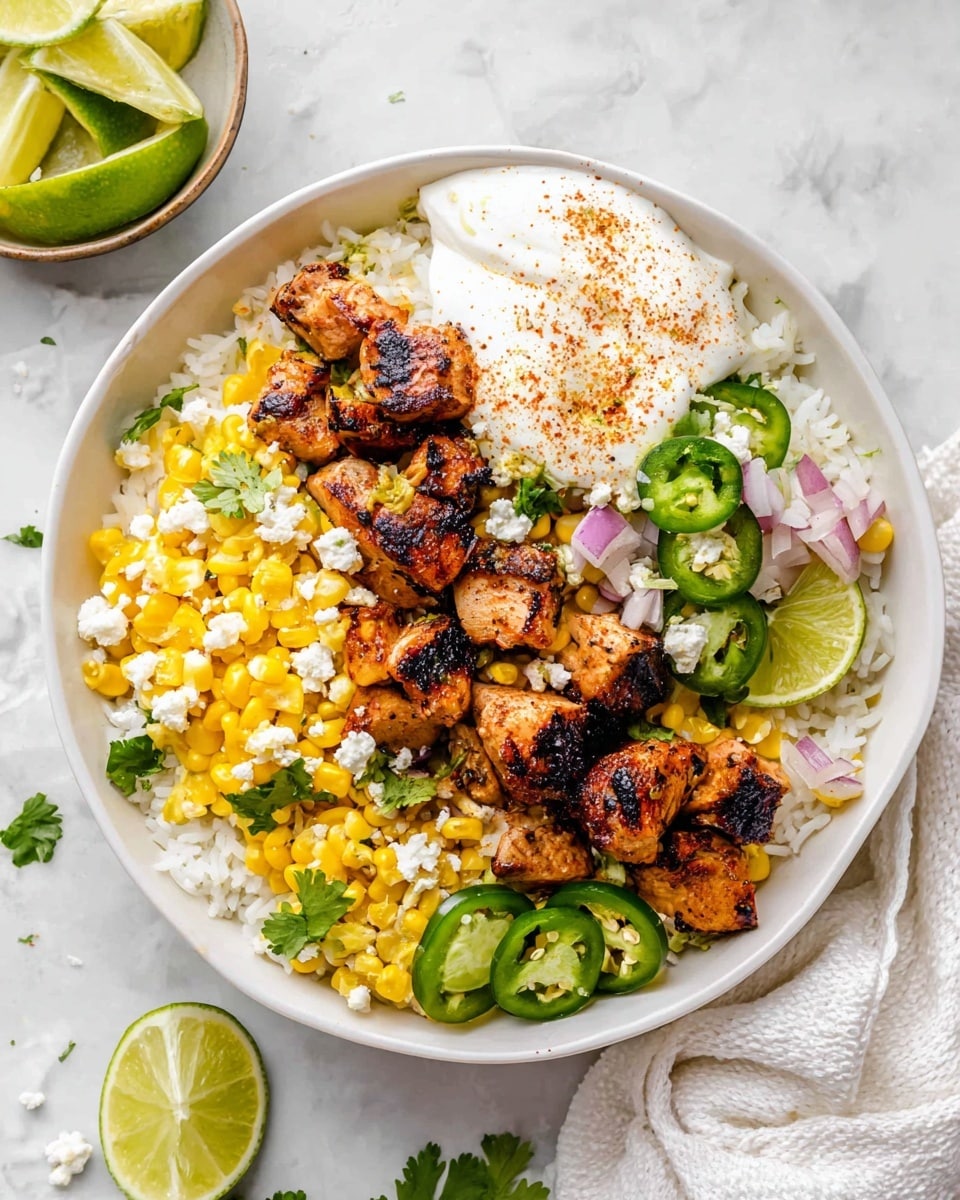 A white bowl filled with a base layer of white rice, topped with grilled chicken pieces that are golden brown with char marks, scattered in the center. Around the chicken, there is a layer of yellow corn kernels mixed with diced red onions. On one side, there are three lime wedges and fresh cilantro leaves. A dollop of white sour cream, sprinkled with reddish seasoning, sits beside the chicken. There are also slices of green jalapeño peppers on top and crumbled white cheese sprinkled around the bowl. The bowl is placed on a white marbled surface, with a white cloth nearby and a separate small bowl of lime wedges next to it. Photo taken with an iphone --ar 4:5 --v 7