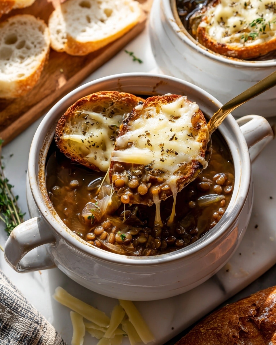 A white ceramic bowl with a handle is filled with a dark brown soup with pieces of tender cooked onions and small round brown lentils. Two slices of toasted bread float on top, each covered with melted pale yellow cheese that is slightly browned and bubbly with a sprinkled touch of black pepper and herbs. A gold spoon is lifting a scoop of lentils and translucent onion strands from the bowl. The bowl sits on a white marbled surface, alongside a piece of crusty light brown bread and some loose shredded cheese. In the background, there is a glimpse of another similar bowl and some green herb sprigs. Photo taken with an iphone --ar 4:5 --v 7