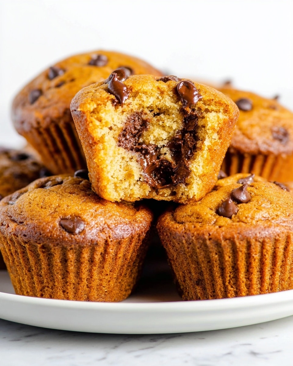 A close-up view of several golden brown muffins arranged on a white plate with a white marbled background. One muffin is cut in half and placed on top of a whole muffin in the center, revealing a soft, moist inside filled with melted chocolate chips. The muffins have a slightly cracked top with a few chocolate chips visible on the surface. The texture looks tender and crumbly, with the top layer darker and smooth, while the inner part shows a lighter, spongy texture with melting chocolate pieces scattered throughout. Photo taken with an iphone --ar 4:5 --v 7