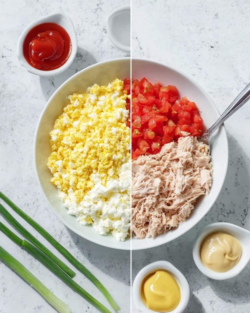 The image shows a white bowl on a white marbled surface with four separate layers inside. On the left, there is a layer of finely chopped yellow egg yolk mixed with white egg whites creating a soft, crumbly texture. Above it, on the top left edge, there is a layer of small, bright red diced tomatoes with a juicy, fresh look. On the top right, a creamy white layer that looks like cottage cheese. Finally, on the right side of the bowl, there is a flaky layer of light brown tuna. Surrounding the bowl on the surface are small white bowls containing yellow mustard and red ketchup, with a green onion placed below. Photo taken with an iphone --ar 4:5 --v 7