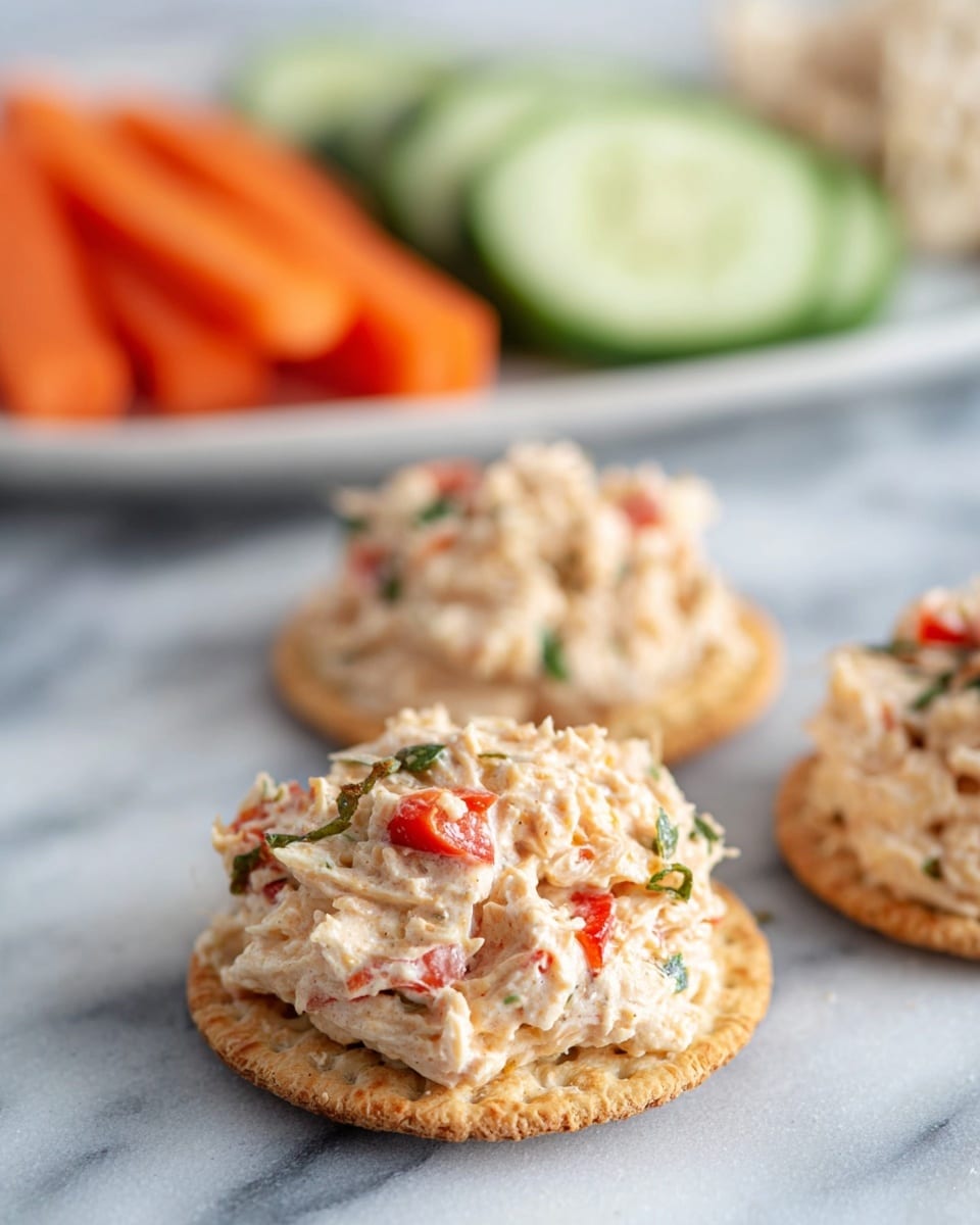 The image shows three round crackers on a white marbled surface, each topped with a thick layer of creamy chicken salad. The chicken salad is mixed with small pieces of red bell pepper and green herbs, creating a mix of light beige, red, and green colors. The texture of the chicken salad looks soft and slightly chunky, piled high on each cracker. In the background, there is a blurred white plate with sliced cucumber and carrot sticks. The whole scene is bright and clean, with a focus on the front cracker topped with the salad. Photo taken with an iphone --ar 4:5 --v 7