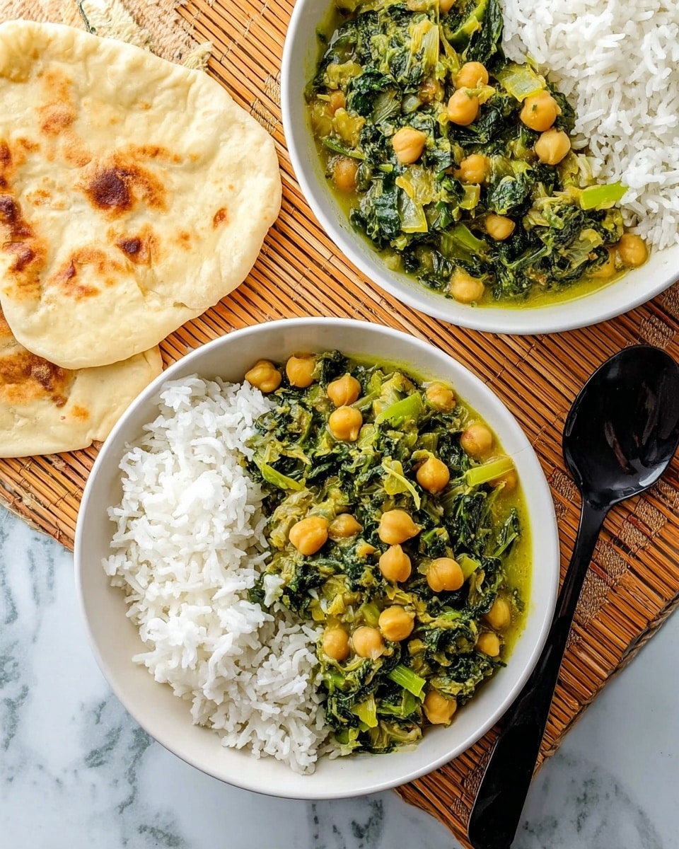 The image shows two white bowls each filled half with fluffy white rice and half with a vibrant green chickpea curry made of chopped leafy greens and onions, with visible whole chickpeas adding texture. The bowls sit on a white marbled surface with a bamboo mat underneath and a piece of soft, slightly browned white flatbread resting nearby. A shiny black spoon lies next to one of the bowls. The colors are bright, with the green curry contrasting against the white rice and bowls, and the flatbread has warm golden-brown spots. photo taken with an iphone --ar 4:5 --v 7