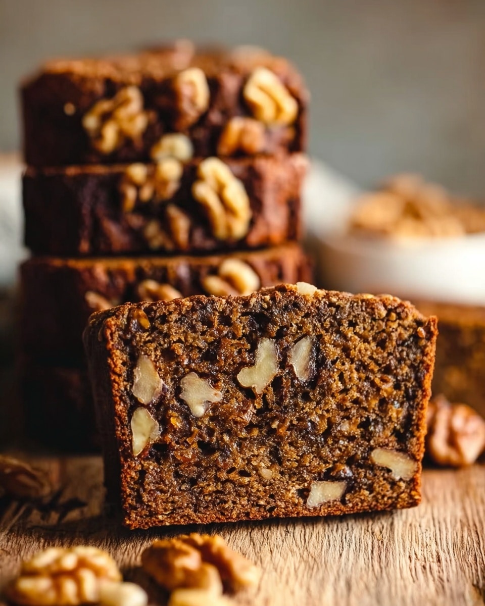 The image shows a close-up of a thick slice of dark brown nut bread with visible pieces of walnuts inside. The slice is in the foreground, resting on a wooden surface, and behind it, there is a stack of several similar slices arranged vertically. Each slice has a rough, textured surface with more walnuts on top. The background is softly blurred, making the bread the main focus of the image. photo taken with an iphone --ar 4:5 --v 7