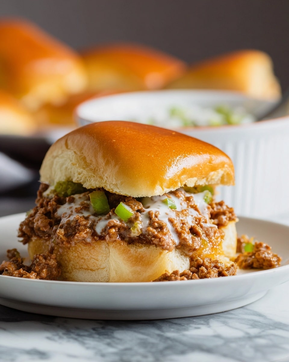 A close-up of a sandwich on a white plate showing three layers: the top layer is a shiny, golden-brown soft bun, the middle layer is a mix of ground meat with small green pieces and white sauce drizzled unevenly, and the bottom layer is another shiny bun that looks slightly toasted on the edges. The sandwich filling is spilling out slightly around the sides, with bits of meat and green pieces visible. The plate sits on a white marbled surface, with a blurred white bowl of extra filling in the background and some parts of other buns faintly visible. Photo taken with an iphone --ar 4:5 --v 7