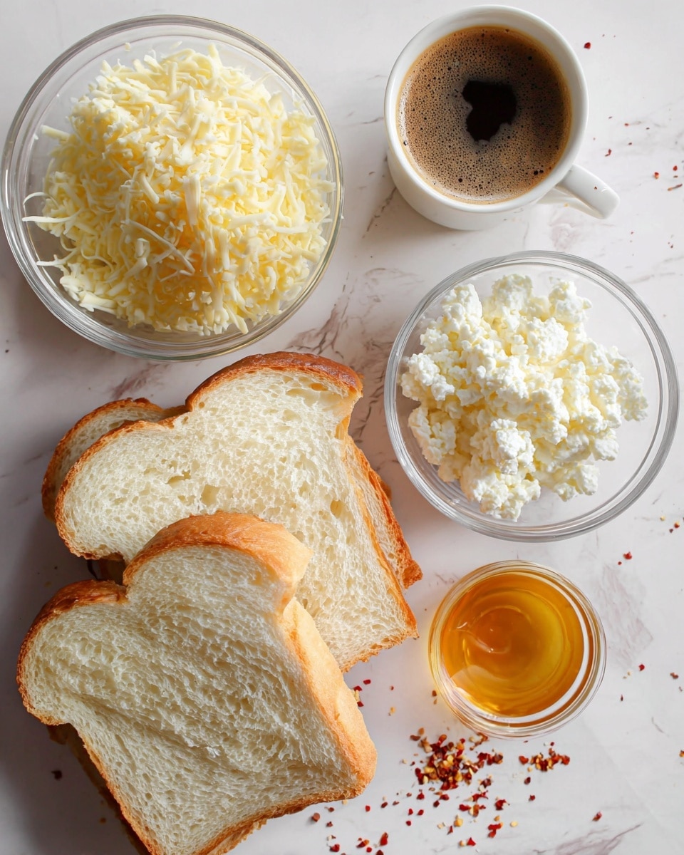 The image shows four slices of white bread with a light golden crust stacked slightly on a white marbled surface. To the left, there is a clear glass bowl filled with shredded pale yellow cheese with some texture, and next to it, another clear glass bowl contains white crumbly cottage cheese. Above the bread, there's a small white cup with a dark brown frothy liquid, possibly coffee, and to the right, another small white cup holds golden honey with a smooth surface. Around the items, some red pepper flakes are scattered over the white marbled texture. photo taken with an iphone --ar 4:5 --v 7