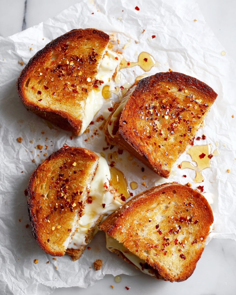 Four toasted sandwich pieces are arranged on a crinkled white parchment paper over a white marbled surface. Each piece shows a golden-brown crispy exterior with a slightly uneven texture, dotted with red chili flakes. A soft, melted white cheese layer is visible oozing from between the lightly toasted bread slices. There are small drops of a clear, shiny honey-like liquid drizzled across the sandwiches and parchment. Crumbs and scattered red chili flakes are sprinkled around the sandwiches, enhancing the rustic look. photo taken with an iphone --ar 4:5 --v 7