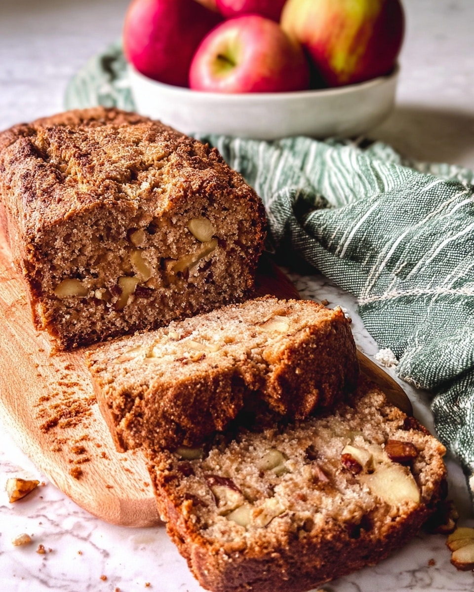 A loaf of nut bread with a rough, brown crust and a soft, crumbly inside showing small pieces of nuts and apples. The bread is sliced into two thick pieces laying flat on a wooden board with some crumbs scattered around. Behind the bread, a green and white striped cloth is loosely placed, and in the background, a white bowl filled with red apples can be seen. The surface underneath is a white marbled texture. Photo taken with an iphone --ar 4:5 --v 7