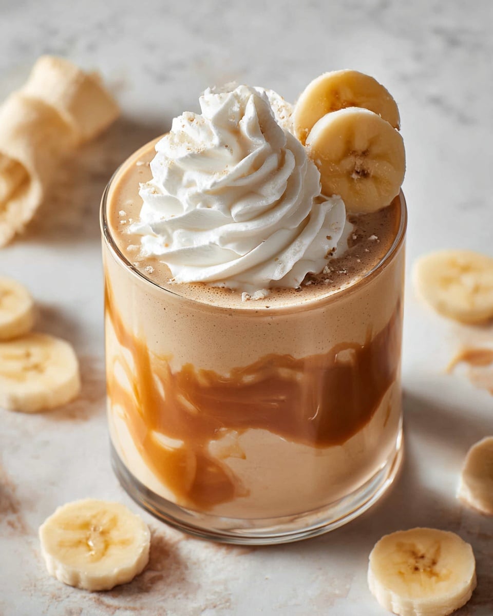A clear glass is filled with a creamy, light brown smoothie that has a thick caramel sauce swirled inside, creating a marbled effect mostly near the bottom and sides. On top of the smoothie, there is a large swirl of white whipped cream, decorated with three round slices of banana placed beside the whipped cream on the rim of the glass. The glass sits on a white marbled surface with some banana slices scattered around it, showing a soft and natural lighting. photo taken with an iphone --ar 4:5 --v 7