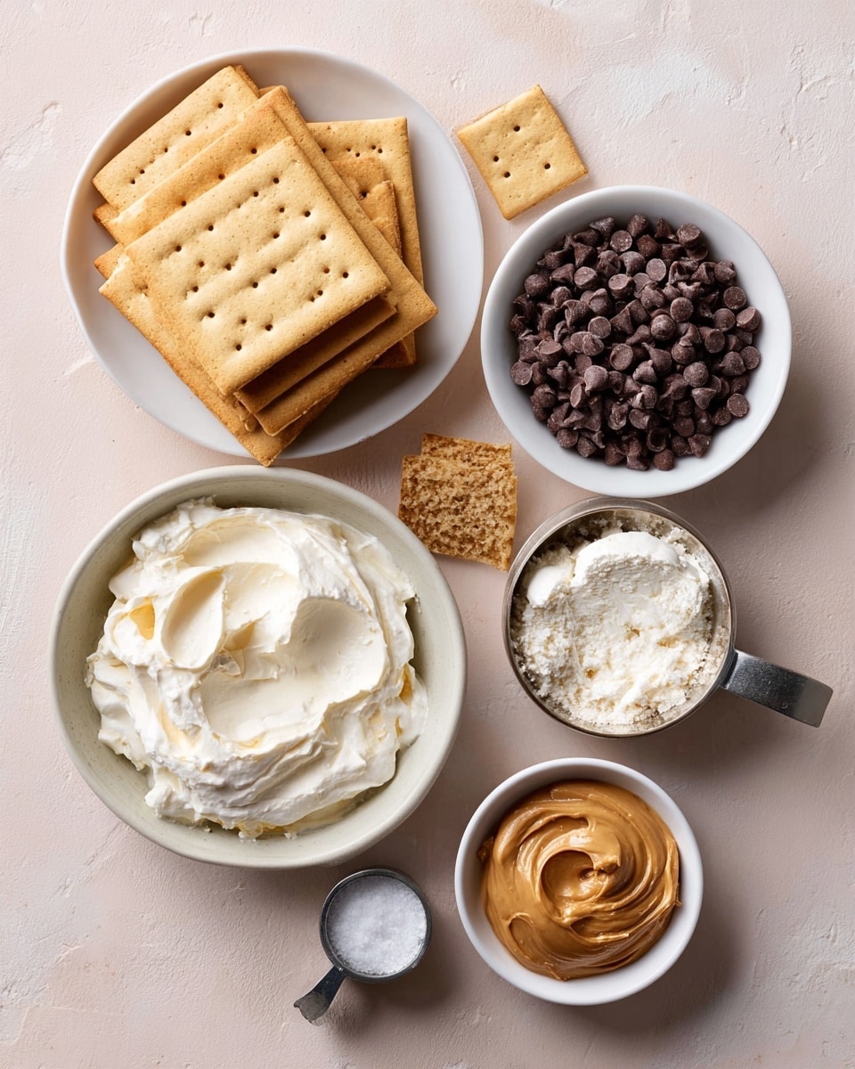 The image shows a group of ingredients arranged neatly on a white marbled surface, including a white bowl filled with light beige, square crackers stacked in layers, another white bowl with creamy, soft white cream cheese or marshmallow spread, a small white bowl holding dark brown chocolate chips, a smaller bowl containing white solid fat, a metal measuring cup with white flour, and a small white bowl with light brown peanut butter. All containers are clean and placed to show clear texture and colors of each ingredient. Photo taken with an iphone --ar 4:5 --v 7