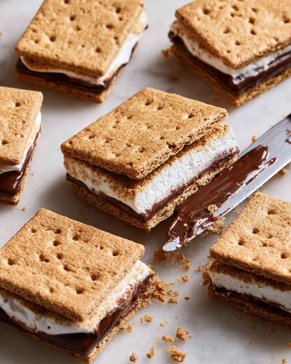 The image shows several s'mores bars arranged on a white marbled surface with bits of crumbs scattered around. Each s'more bar has three clear layers: the top and bottom layers are square, light brown graham crackers with a rough texture that show tiny holes. Between the crackers there is a thick middle layer with a fluffy, white marshmallow layer on top and a smooth, dark brown chocolate layer underneath. A knife rests under one s'more bar, partially sliding it apart to show the soft marshmallow and chocolate layers clearly. The composition is close-up and well-lit, highlighting the textures of the crackers, marshmallow, and chocolate. photo taken with an iphone --ar 4:5 --v 7