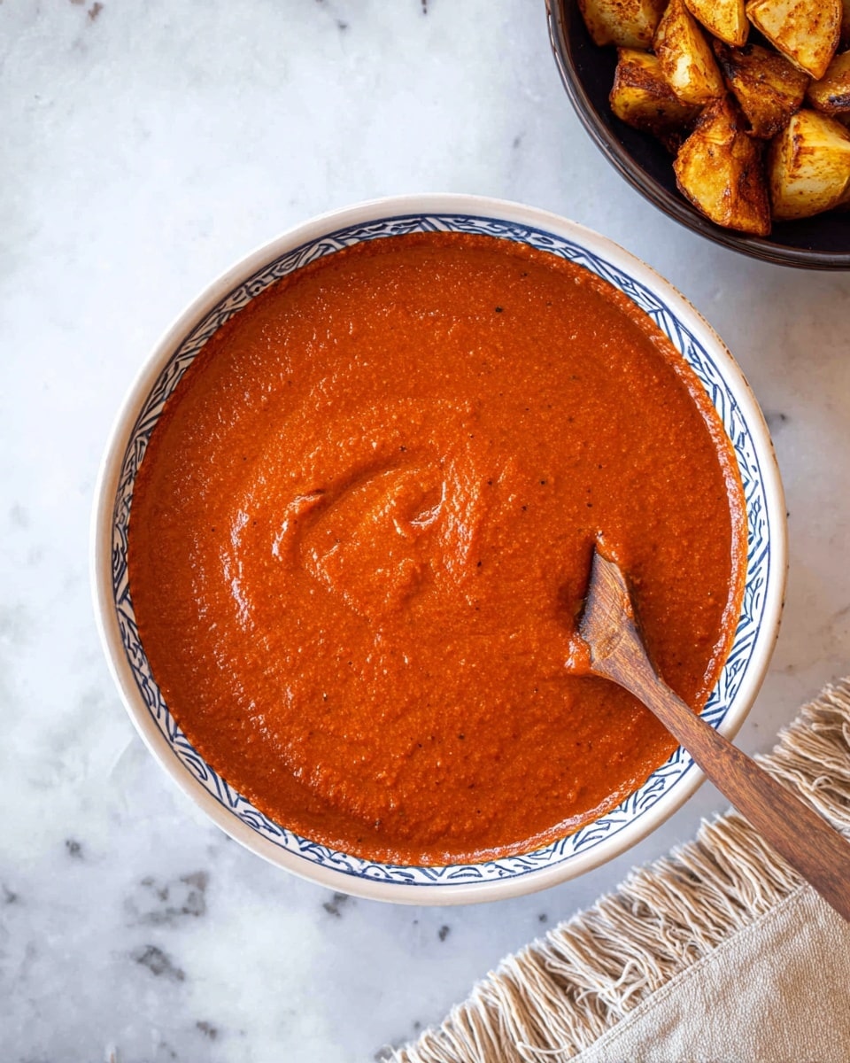 A top view of a bowl filled with smooth, thick, reddish-orange sauce. The sauce has a uniform texture with slight swirls made by a wooden spoon resting on the right side inside the bowl. The bowl is white with a blue patterned rim and sits on a white marbled surface. In the top right corner, there is a partial view of a dark bowl holding golden-brown roasted pieces. A light beige fringed cloth is placed at the bottom right corner of the image. Photo taken with an iphone --ar 4:5 --v 7