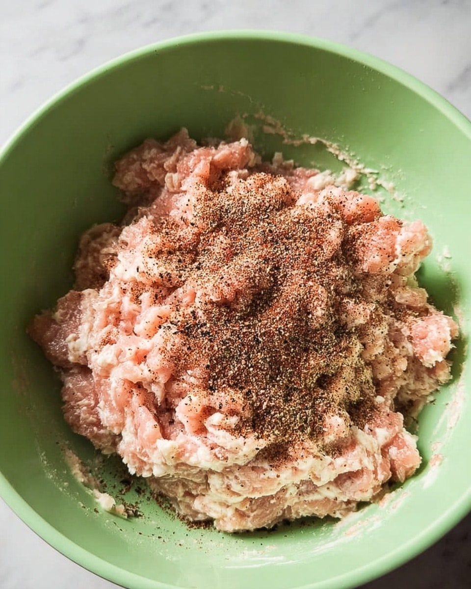 A light green bowl filled with raw minced meat that is pale pink and creamy white in color. The minced meat is sprinkled with a layer of finely ground black and brown spices, which cover most of the meat surface with a textured, slightly grainy look. The bowl is placed on a white marbled surface. Photo taken with an iphone --ar 4:5 --v 7