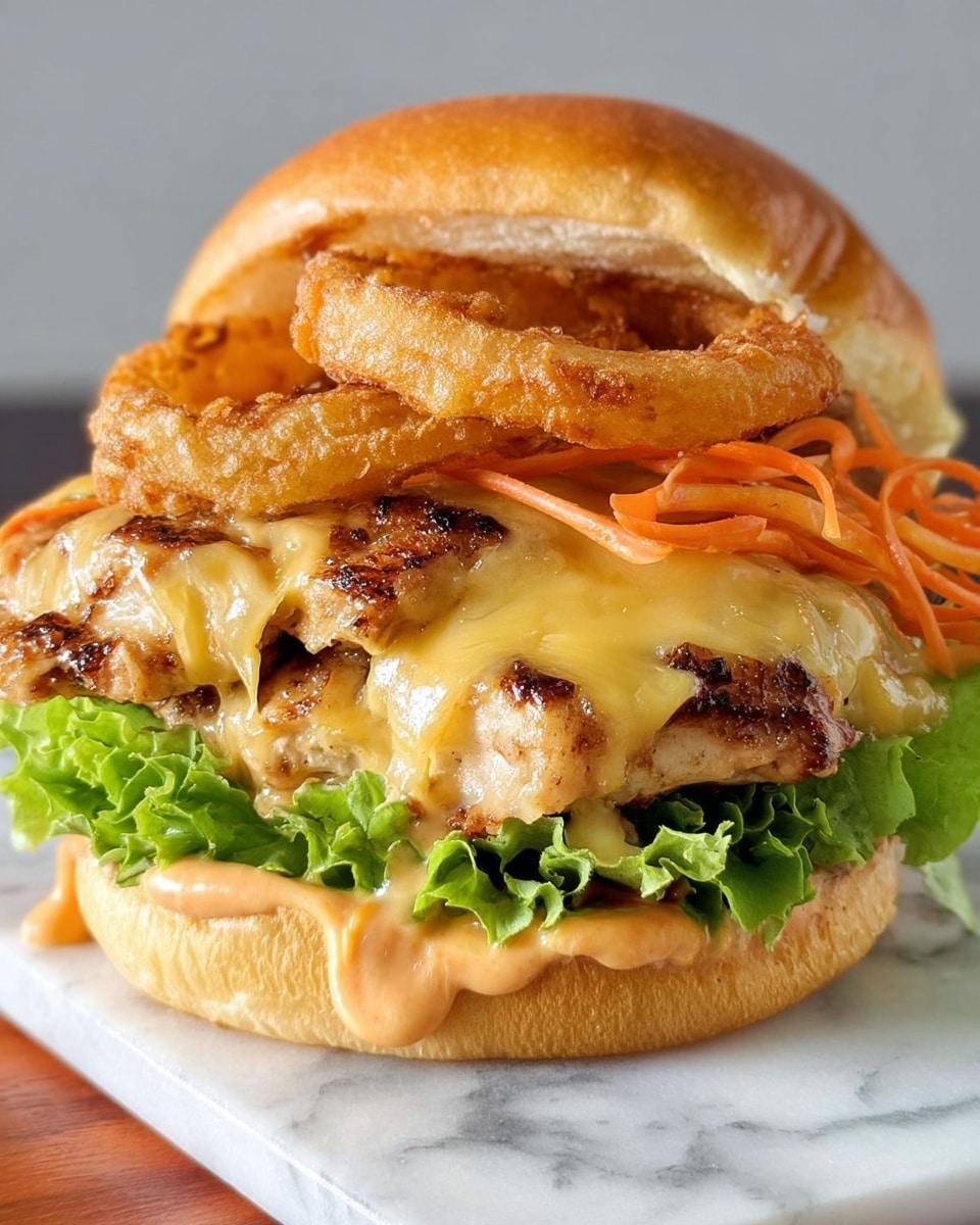 A close-up view of a tall sandwich on a white marbled surface, starting from the bottom with a soft, golden-brown bun spread with a light orange sauce, topped by bright green lettuce leaves. Above the lettuce is a thick, juicy grilled chicken piece covered with melted yellow cheese that drips slightly on the sides. Above this is another grilled chicken layer, also covered with melted cheese. On top of the chicken, there are thin, curly orange carrot ribbons, and the sandwich is finished with two crispy, light golden rings of fried onion placed at the top. photo taken with an iphone --ar 4:5 --v 7