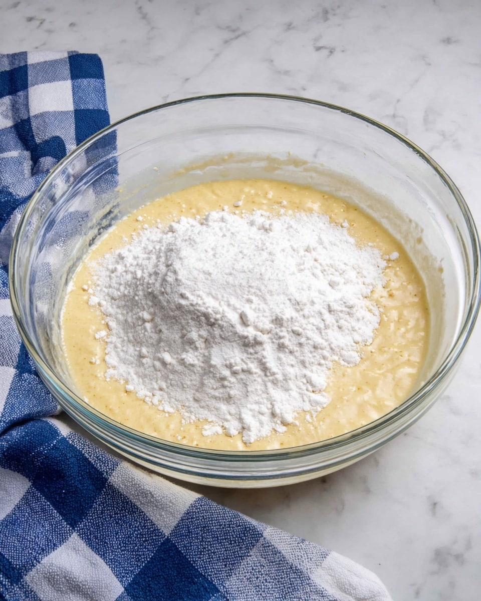 A clear glass bowl sits on a white marbled surface with a blue and white checkered cloth beside it. Inside the bowl, there are two layers: the bottom layer is a thick, smooth, pale yellow batter with some small bubbles and bits visible, while the top layer is a mound of white powdery flour resting unevenly on the batter's surface. The bowl is transparent, allowing a clear view of the layers inside. photo taken with an iphone --ar 4:5 --v 7