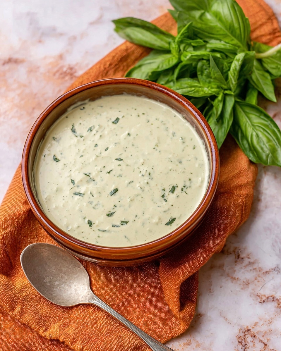 A brown bowl filled with a creamy white sauce speckled with small green herb pieces, placed on an orange cloth on a white marbled surface. Fresh green basil leaves are arranged behind the bowl, and a silver spoon lies next to it on the cloth. The texture of the sauce looks smooth with tiny herb bits spread evenly throughout. Photo taken with an iphone --ar 4:5 --v 7