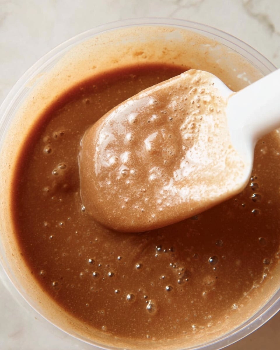 A close-up view of a light brown, bubbly, smooth batter being stirred or scooped with a white spatula inside a clear container. The batter has a glossy, slightly thick texture with some visible bubbles on the surface. The white spatula is lifting the batter, showing its flowy, sticky quality. The background is a white marbled texture. photo taken with an iphone --ar 4:5 --v 7