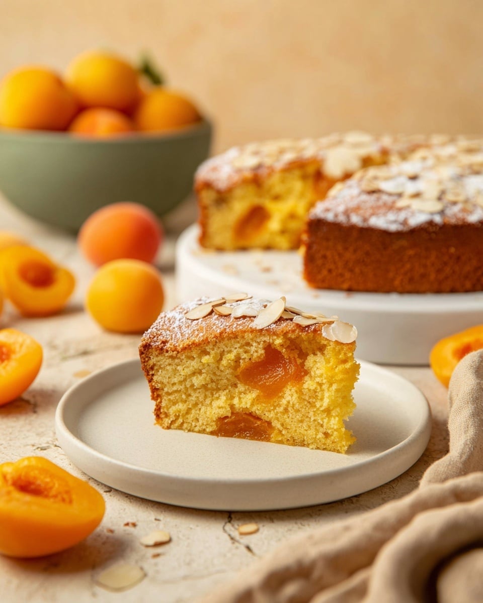 A thick slice of golden yellow apricot cake with visible pieces of orange apricot inside sits on a white plate in the foreground. The cake has a moist, crumbly texture with a light dusting of powdered sugar and slivered almonds on top. Behind it, a larger round cake with the same texture and topping is placed on a white marbled surface. Whole and halved apricots with bright orange skin are scattered around. The background is warm beige with a soft, out-of-focus bowl full of apricots and a beige cloth draped to the right side. Photo taken with an iphone --ar 4:5 --v 7