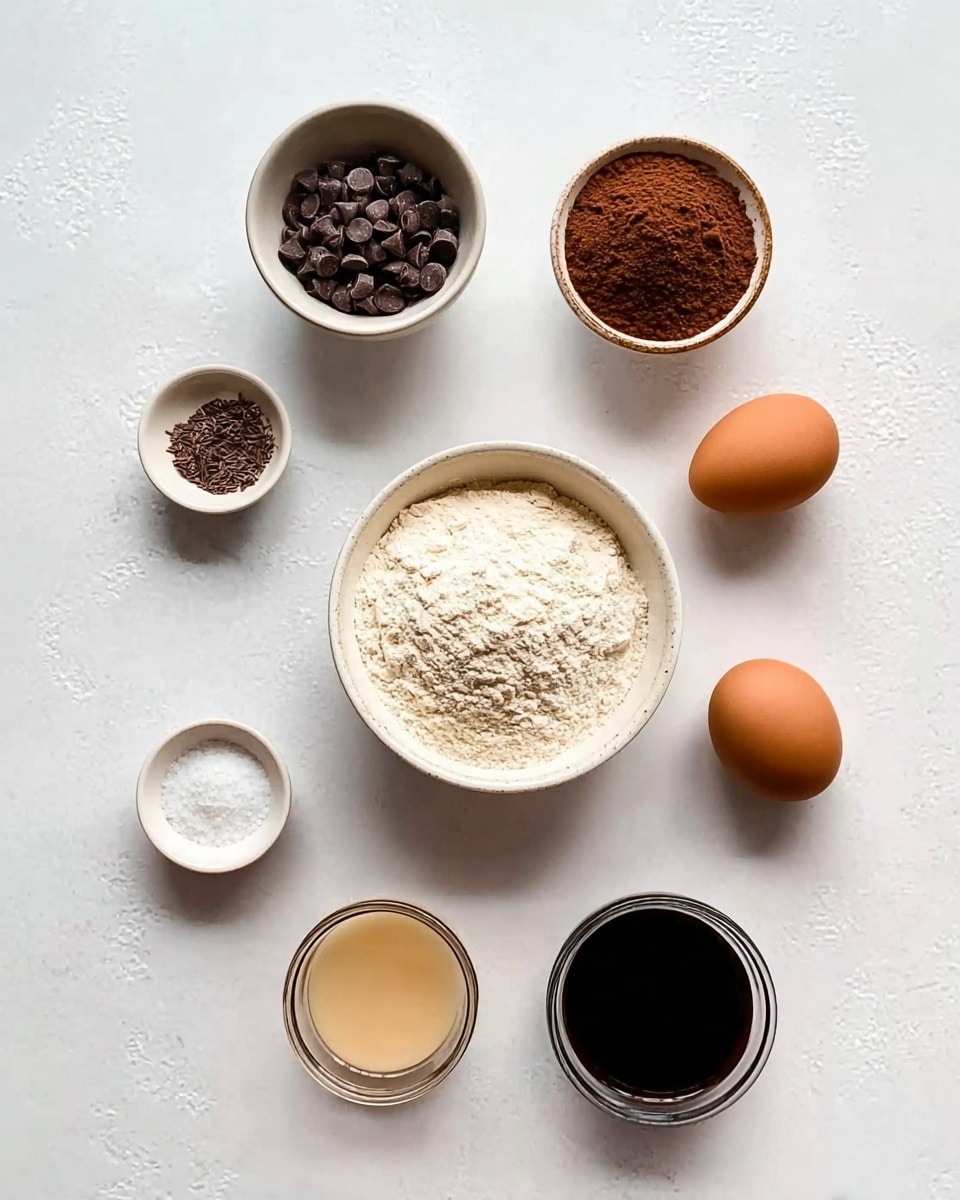 The image shows seven small white bowls and cups arranged on a white marbled surface. In the center is a white bowl filled with light flour. Above it sits a small cup with dark chocolate chips on the left and a small bowl with brown cocoa powder on the right. Below the center bowl, there are two brown eggs placed side by side. To the left of the eggs is a tiny bowl with white salt, and to the right is a small cup filled with dark liquid, likely vanilla or molasses. Finally, at the bottom center is a small glass container with a light tan liquid. Photo taken with an iphone --ar 4:5 --v 7