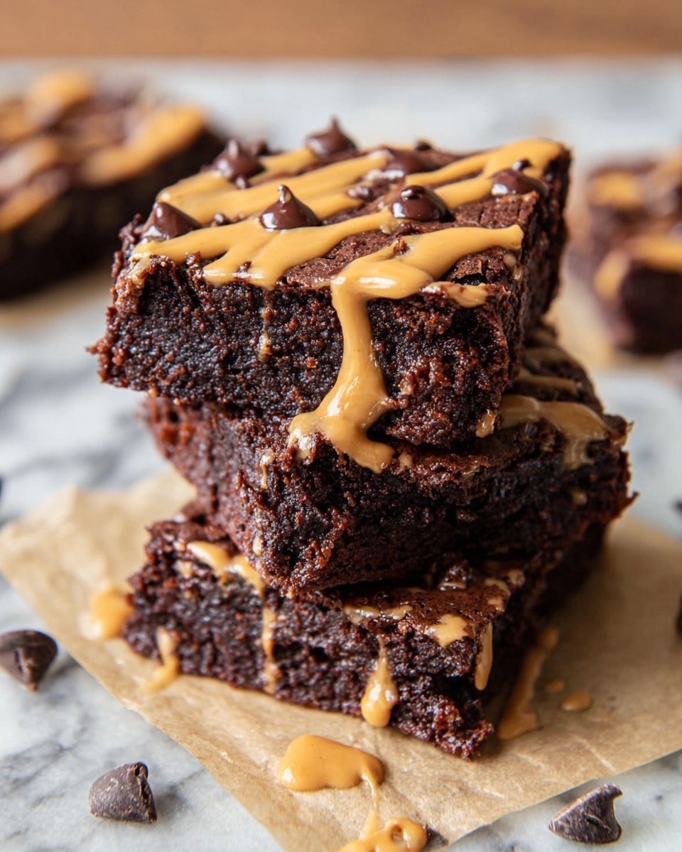 A stack of three dark brown chocolate brownies with a moist, slightly crumbly texture sit on a light-colored parchment paper on a white marbled surface. Each brownie layer is dotted with small shiny chocolate chips, and the top brownie is drizzled with smooth, light tan peanut butter sauce creating uneven lines and small pools on the surface and parchment. Around the stack, more chocolate chips and brownie pieces are scattered. Photo taken with an iphone --ar 4:5 --v 7