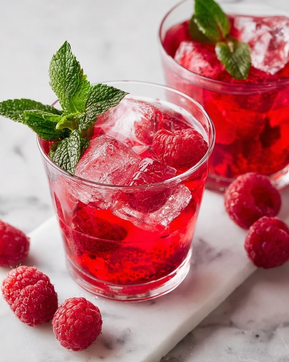 Two short clear glasses sit on a white marbled surface, filled with bright red liquid and irregular ice cubes. Each glass has a fresh green mint leaf and a few red raspberries floating on top. Around the glasses, several raspberries rest directly on the white marble. The scene is bright and fresh with a simple, clean look photo taken with an iphone --ar 4:5 --v 7