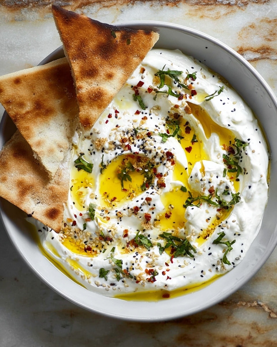 A white bowl filled with thick white creamy yogurt spread unevenly, with yellow olive oil drizzled on top creating glistening pools. The yogurt is sprinkled with black and white sesame seeds, red chili flakes, cracked black pepper, and finely chopped green herbs. Three triangular pieces of lightly toasted brown pita bread rest partially dipped on one side of the bowl. The bowl is placed on a white marbled surface. Photo taken with an iphone --ar 4:5 --v 7