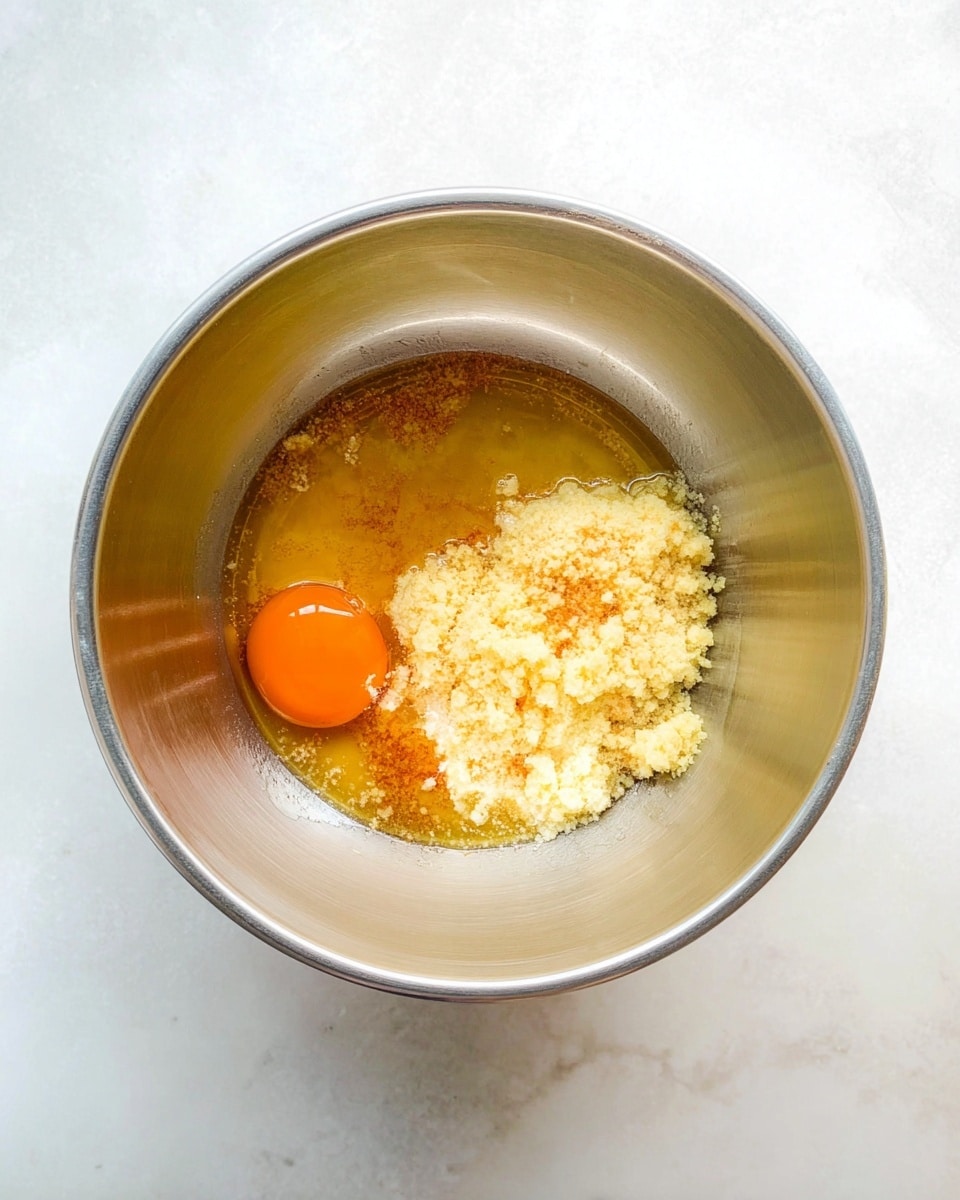 A top view of a shiny metal bowl sitting on a white marbled surface shows a mixture inside. The mixture has three main parts: a single bright orange egg yolk on the left, a thick layer of light yellow crumbly texture spread unevenly inside, and a generous layer of clear, golden liquid covering the bottom and mixing with the crumbs. The bowl has smooth round edges and reflects light, giving it a clean look. photo taken with an iphone --ar 4:5 --v 7