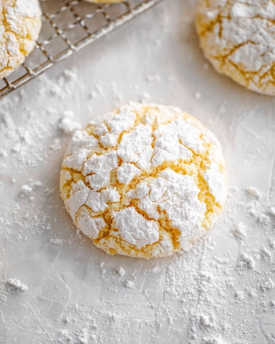 A close-up of one pale yellow cookie covered in cracked white powdered sugar, showing rough crumbly texture with cracks revealing the soft inside. The cookie sits on a white marbled textured surface with light dustings of powdered sugar scattered around. Part of a metal cooling rack with two more cookies dusted in powdered sugar is visible at the top left corner. Photo taken with an iphone --ar 4:5 --v 7