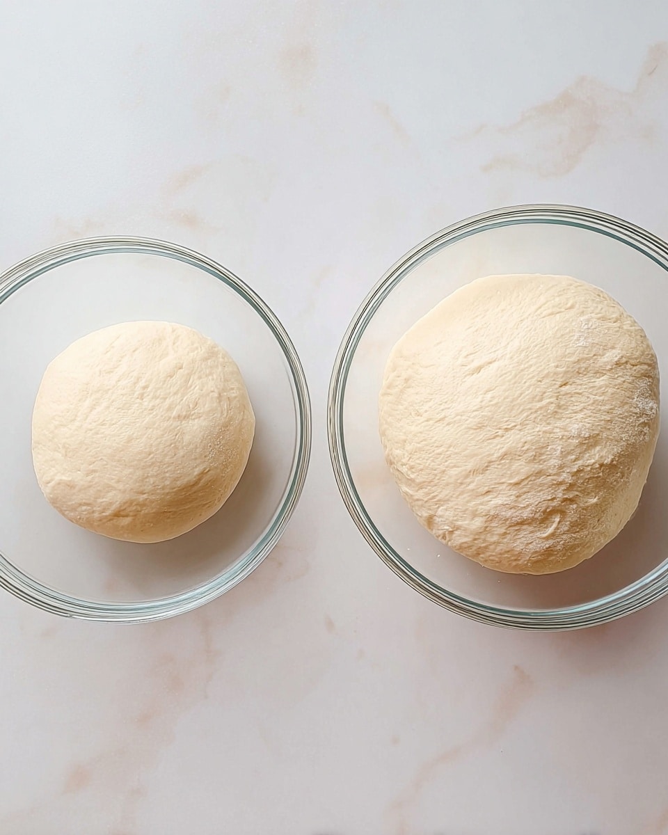 The image shows two clear glass bowls on a white marbled surface. Each bowl contains a round ball of pale dough with a smooth texture. The dough in the left bowl is smaller and tighter, while the dough in the right bowl has grown larger and looks softer and puffier, showing that it has risen. The lighting is soft and natural, giving a clean look to the scene. photo taken with an iphone --ar 4:5 --v 7