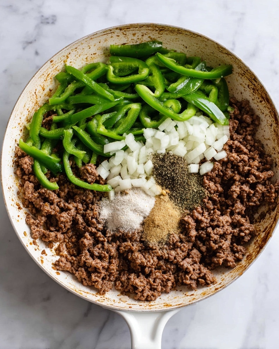 A white skillet filled with cooked ground beef, which is brown and crumbly, serves as the base layer. On top of the beef, there are fresh green bell pepper strips scattered mainly towards the right side. Near the center, small chopped white onions and a cluster of spices including black pepper, garlic powder, and salt are layered, creating a mix of white, black, and light brown colors. The skillet has some browned spots on the sides showing light cooking stains. The skillet handle is visible at the bottom, and all is set against a white marbled background. photo taken with an iphone --ar 4:5 --v 7