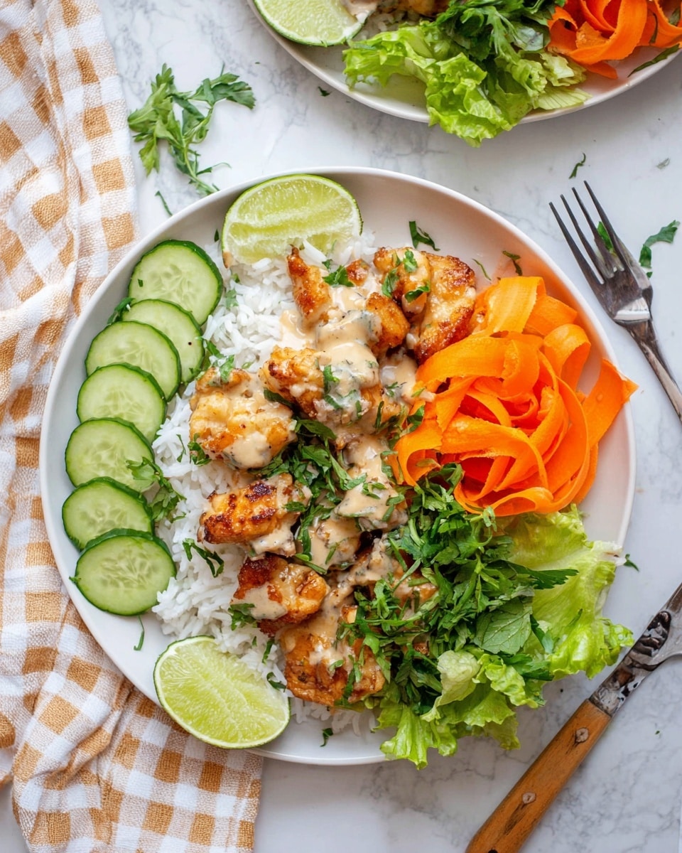 The dish is served on a white plate with three main layers: a base layer of fluffy white rice, topped with pieces of golden brown fried chicken coated in a creamy light sauce, garnished with fresh green herbs. On one side, there is a neat row of thin, round slices of bright green cucumber with dark green skin. Above the rice and chicken, bright orange carrot ribbons add a curled, textured layer, mixed with green leafy lettuce for a fresh touch. Two lime wedges are placed on the plate, one on the bottom left and another on the upper right near the lettuce. The white marbled surface underneath the plate has a beige checked cloth partially under it, and a silver fork with a wooden handle lies nearby. Photo taken with an iphone --ar 4:5 --v 7