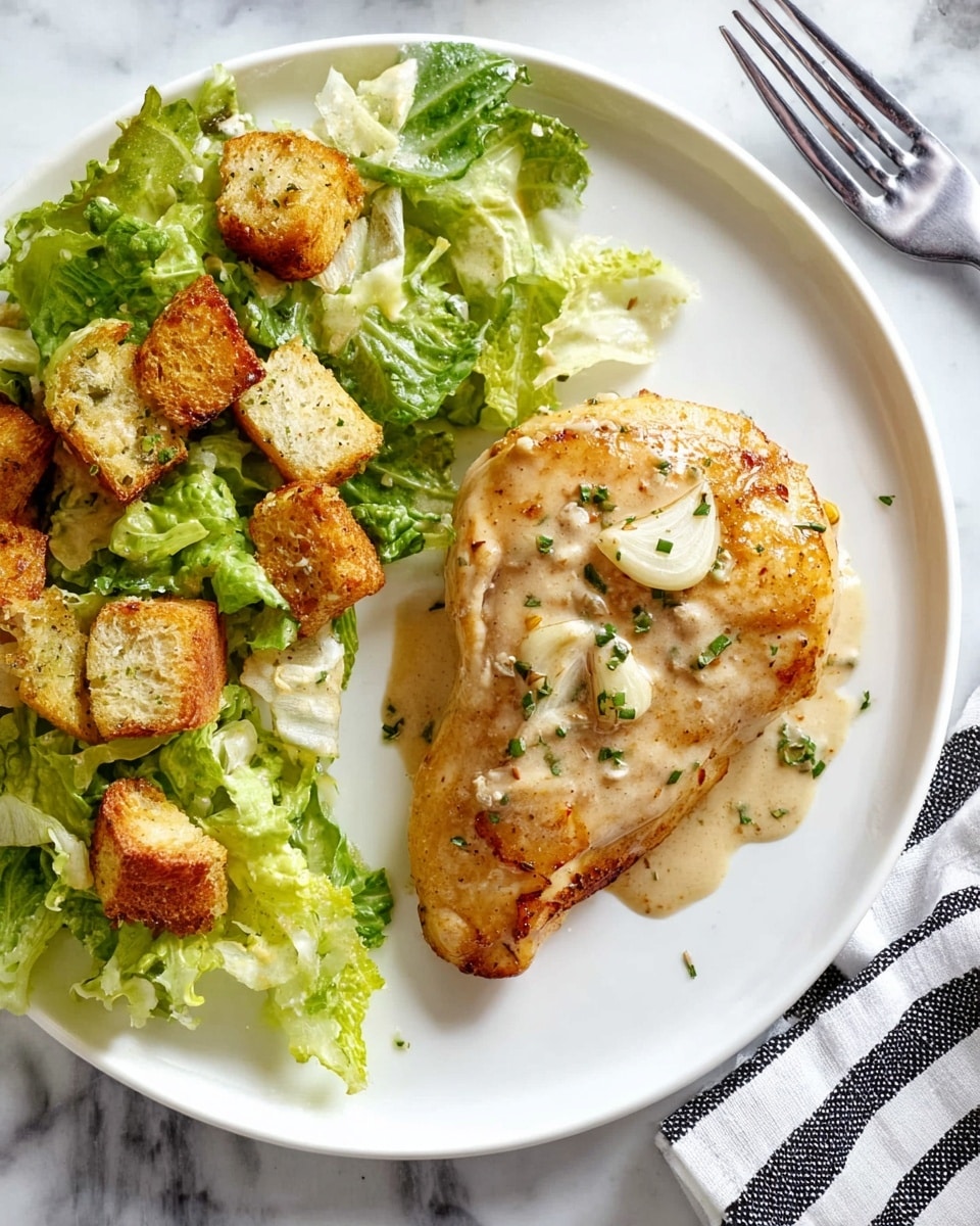 On a white plate, there is one piece of golden-brown chicken with a creamy light beige sauce on top, garnished with small green herb pieces and whole garlic cloves. To the left of the chicken is a fresh green salad made of lettuce leaves mixed with crunchy, golden toasted bread croutons. The plate is set on a white marbled surface next to a black and white striped cloth with a fork partially visible on the right side. Photo taken with an iphone --ar 4:5 --v 7