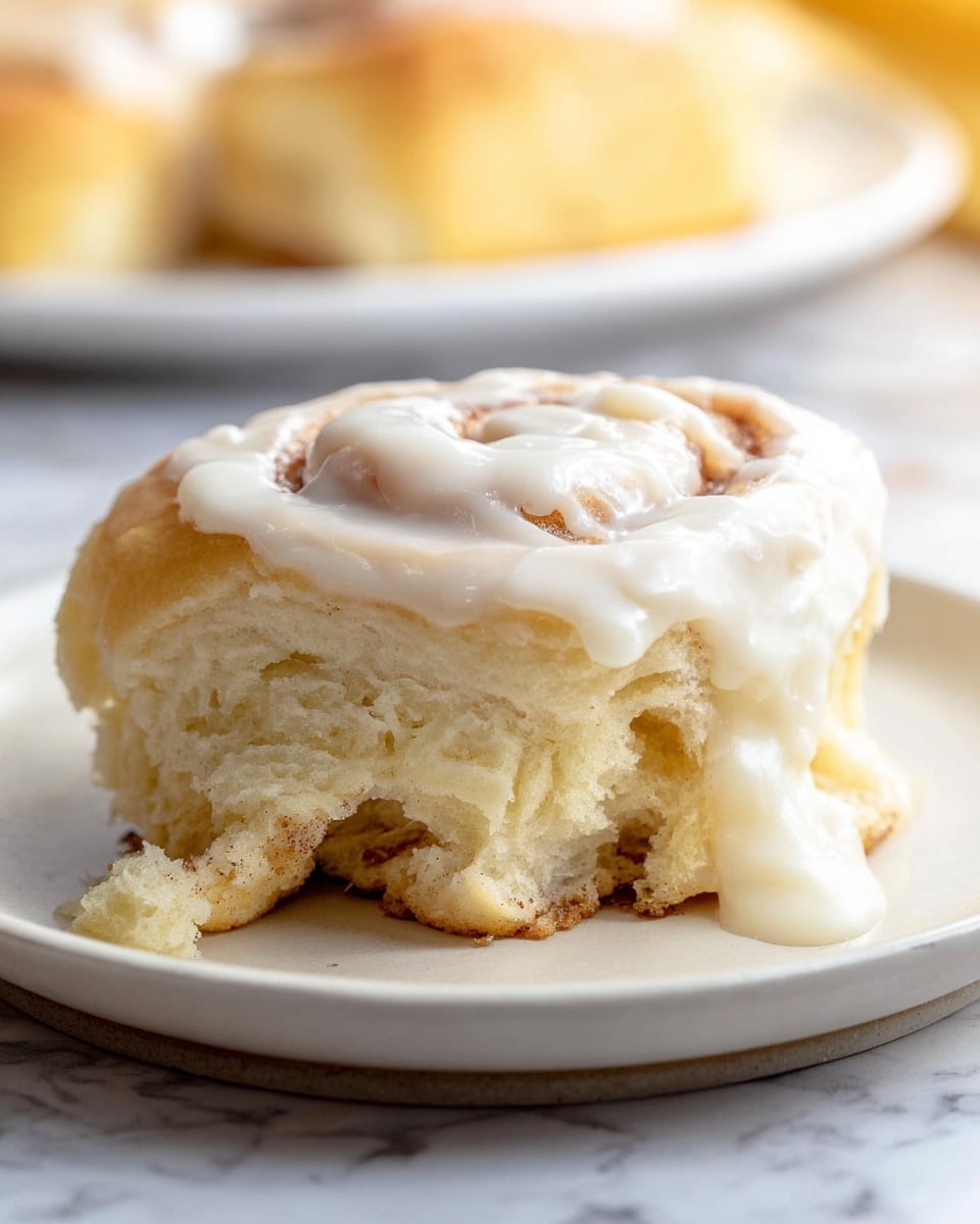 A single cinnamon roll sits on a white plate with a soft, fluffy texture visible in its light golden layers. The roll has two main layers: a thick doughy base that looks airy and slightly torn on one side, and a smooth, creamy white icing thickly spread on top, slightly melting and dripping down one side. The background has a white marbled texture with another cinnamon roll blurred in the distance. The photo taken with an iphone --ar 4:5 --v 7