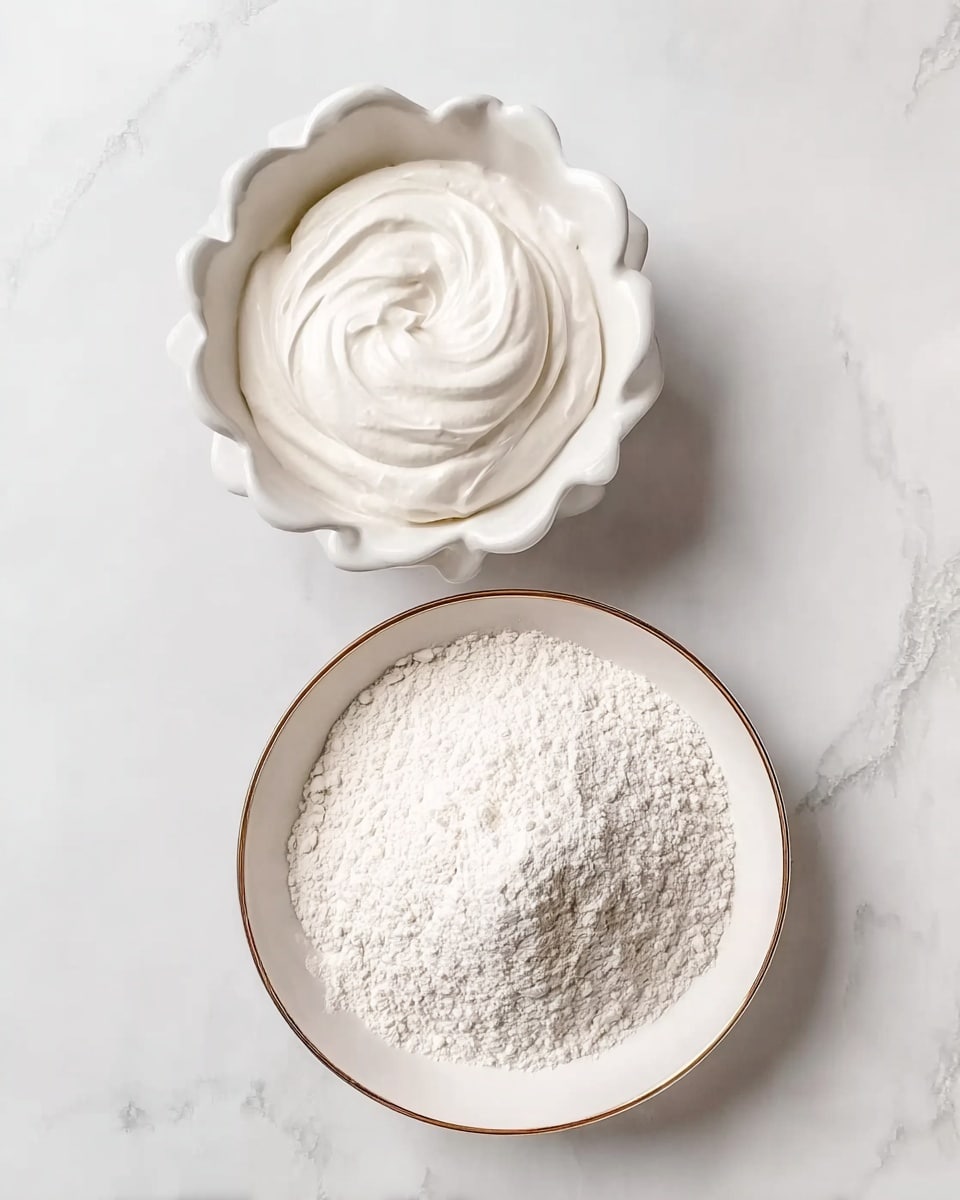 The image shows two white dishes on a white marbled surface. The top dish is a small round bowl with a scalloped edge, filled with smooth, thick white cream, which is swirled gently on top. Below it is a larger white plate with a thin brown rim, filled with fine white flour spread evenly across the surface. The composition is simple, clean, and bright, with a soft natural light highlighting the textures of the cream and flour. photo taken with an iphone --ar 4:5 --v 7