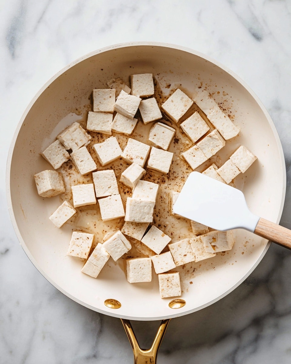 Inside a white pan with a gold handle, there are several small cubes of tofu being cooked. The tofu pieces are light beige with slight golden brown spots and some small dark specks. A white spatula with a light wooden handle is seen inside the pan, touching a few tofu cubes. The pan sits on a white marbled surface. photo taken with an iphone --ar 4:5 --v 7