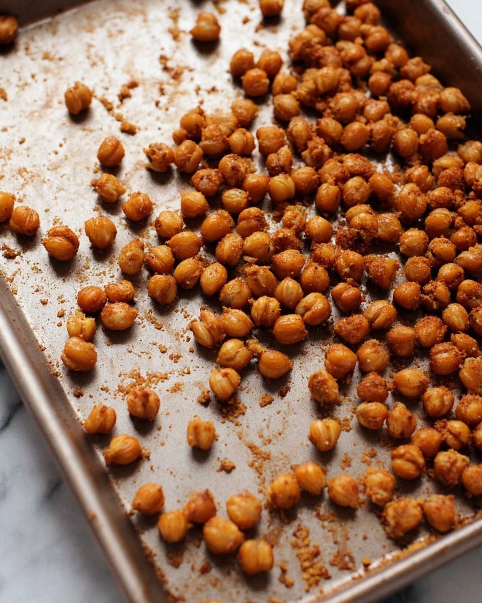 A baking tray filled with one layer of small, round roasted chickpeas that are golden brown and slightly rough in texture, scattered loosely across the tray's speckled surface. The background features a white marbled texture. photo taken with an iphone --ar 4:5 --v 7